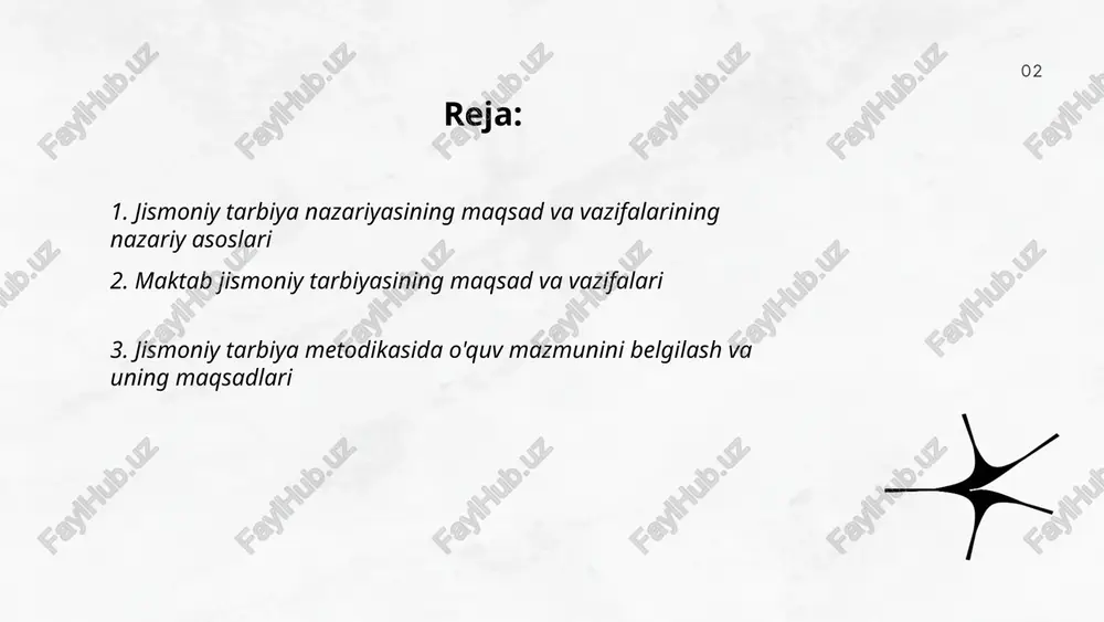 biya vazifalari: bolalar va o‘sish davrida o‘sish va rivojlanishni hisobga olgan holda yuklamalarni moslash, motorik ko‘nikmalarni bosqichma-bosqich shakllantirish, sog‘lom turmush tarzini va gigiyena odatlarini singdirish, mushak-skelet tizimini mustahkamlash, posturani to‘g‘rilash va ortopedik kasalliklarning oldini olish, psixologik va ijtimoiy ko‘nikmalarni rivojlantirish, individual qobiliyat va qiziqishlarni hisobga olgan ta’lim metodikasini qo‘llash. ... t.me/slaydai_bot sog‘liqni mustahkamlash maqsadi jismoniy tarbiyada: organizmning umumiy salomatligini oshirish, mushak-skelet tizimini rivojlantirish, kardiorespirator quvvatni kuchaytirish, immunitetni mustahkamlash va kasalliklarni oldini olish. vazifalari: yoshi va jismoniy holatga mos yuklamalar orqali motorika va koordinatsiyani yaxshilash, turg‘unlik va to‘g‘ri tana o‘rnini shakllantirish, mehnat qobiliyatini oshirish, gigiyena va sog‘lom turmush mavqelarini o‘rgatish hamda doimiy jismoniy faollikni rag‘batlantirish. ... t.me/slaydai_bot motorik ko‘nikmalarni rivojlantirishning vazifalari: umumiy va nozik motorikani takomillashtirish, tezlik, kuch, muvozanat, koordinatsiyani oshirish, sensorli integratsiyani mustahkamlash, harakatlarni avtomatlashtirish, pedagogik nazorat va individual yondashuv. metodika: o‘yinli mashg‘ulotlar, modullashtirilgan mashqlar, progresiv yuklanish, takrorlash va differensial mashq, vizual va kinestetik namoyish, inversiya va simulyatsiya, monitoring va …