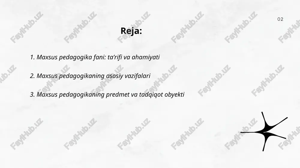 ojlanishi qadimiy davrlardan boshlanib, 19-asrda individualizatsiya va maxsus taʼlim tizimlari shakllandi. 20-asr boshlarida fan sifatida mustahkamlab, diagnostika, reedukatsiya va maxsus o‘qitish usullari rivojlantirildi. 1920–1950 yillarda maxsus maktablar va kafedralar tashkil topdi. mustaqillik davrida qonunlar, ixtisoslashtirilgan kadrlar va inkluziv taʼlim siyosatlari kuchaydi. zamonaviy yoʻnalishlar: pedagogik diagnostika, reabilitatsiya, individual taʼlim dasturlari va ilmiy tadqiqotlar. ... t.me/slaydai_bot nogironlik va rivojlanish nuqsonlarini aniqlash va diagnostika maxsus pedagogikaning asosiy vazifalaridan biri. maqsad erta aniqlash, individualizatsiyalangan ta'lim rejasini (iep) tuzish va reabilitatsiya dasturini belgilash. metodlar: skrining, standart testlar, psixologik va pedagogik baholash, tibbiy tekshiruv, kuzatuv, ota-ona intervyusi va ekologik baholash. multidisipliner jamoa 1) shifokor 2) psixolog 3) maxsus pedagog 4) logoped ishtirokida qaror qabul qiladi. tashxislar icd/dsm kriteriyalari asosida va muntazam qayta baholash talab etiladi. ... t.me/slaydai_bot individual taʼlim rejalarini ishlab chiqish va amalga oshirish maxsus pedagogikaning asosiy vazifalaridan biridir. jarayon diagnostika va talabalarning maxsus ehtiyojlarini aniqlash, maqsadlar va oʼquv natijalarini belgilash, taʼlim mazmuni hamda metodlarni …