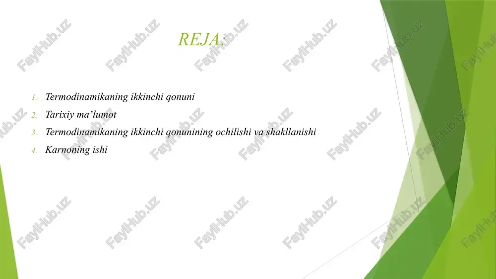 ing ikkinchi qonuni asosidagi gʻoyani shakllantirdi. gʻoyaga koʻra: harorat farqining yoʻqligi, issiqlikni ishga aylantirib boʻlmaydi; issiqlik dvigateli har xil haroratga ega boʻlgan kamida ikkita issiqlik rezervuariga ega boʻlishi kerak — isitgich va suvitgich. uilyam tomson (lord kelvin) karnotning ishiga asoslanib, mutlaq termodinamik harorat shkalasini taklif qildi (1848) va termodinamikaning ikkinchi qonunini quyidagicha ifodaladi(1851): mumkin boʻlmagan jarayon, uning yagona natijasi tizim tomonidan issiqlikni bir manbadan olish va ekvivalent hajmdagi ishlarni bajarish . tomson printsipidan karno teoremasi kelib chiqadi, uning asosida mutlaq termodinamik harorat shkalasini qurish mumkin. termodinamikaning ikkinchi qonuni“ nomi va tarixan uning birinchi formulasi rudolf klauziyga (1850) tegishli: jarayon mumkin emas, uning yagona natijasi tizimning bir jismdan issiqlikni qabul qilish va uni boshqa jismga oʻtkazishdir. issiqlik sovuqroq jismdan issiqroq jismga oʻz-oʻzidan oʻtolmaydi . josiah willard gibbs, 1876-1878 yillarda nashr etilgan. u oʻzining „geterogen moddalarning muvozanati toʻgʻrisida“ asarida termodinamik holatda maksimal entropiya printsipi shaklida entropiya ortishi qonunini shakllantirdi. har qanday murakkablikdagi …