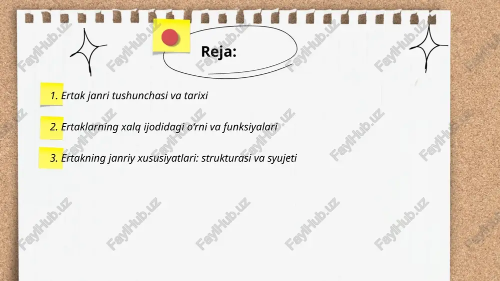 i, urf-odat va anʼanalarni ifodalaydi, til va nutq madaniyatini rivojlantiradi. bolalar va kattalarga psixologik tasalli, qiziqish va ijodiy fikrlashni ragʻbatlantiradi. tarixiy xotira va milliy identifikatsiyani mustahkamlaydi, pedagogik vosita sifatida axloqiy normalarni oson tushuntiradi va ijtimoiy rollar hamda xulq-atvor modellari bilan tanishtiradi. ... t.me/slaydai_bot 1. ertak strukturasida boshlanish, rivojlanish, cho‘qqi va yakun aniq ajraladi 2. ochilish formulalari va tugatish formulalari mavjud 3. syujet oddiy chiziqli, qahramonlar archetipik 4. konflikt oddiyligi va sinovlar orqali yechiladi 5. sehrli yordamchilar va buyumlar uchraydi 6. vaqt va makon noaniq, umumjahon xususiyat 7. morali va didaktik xulosaga yo‘naltirilgan ... t.me/slaydai_bot ertak personajlari uch turi: qahramon, antiqahramon va yordamchi obrazlar. qahramon – ijobiy fazilatlar, jasorat va adolat ramzi, asosiy harakat egasi. antiqahramon – qarama-qarshi kuch, sinov va konflikt manbai, axloqiy saboq beruvchi. yordamchi obrazlar – mentor, do‘st, sirli qo‘llab-quvvatlovchilar; qahramonga yo‘l ko‘rsatadi, syujetni boyitadi va axloqiy qarorlarni shakllantirishga xizmat qiladi. bu turlar o‘quvchilarda empatiya, tanqidiy fikrlash va …