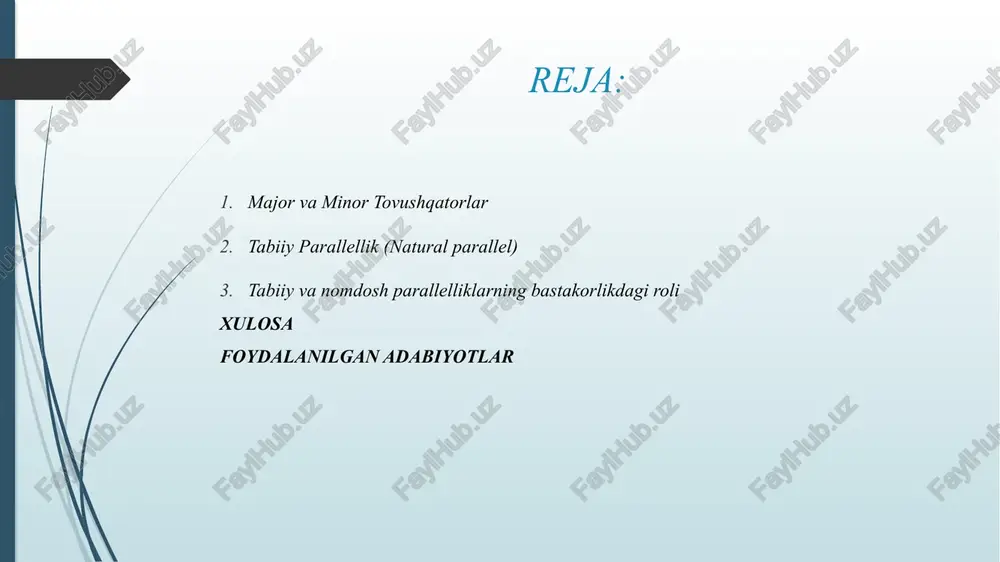 kalit belgilariga ega bo‘lgan, ammo turli tonikaga ega bo‘lgan major va minor tonalliklarning o‘zaro aloqasidir. masalan: do major (c dur) ↔ la minor (a mol) sol major (g dur) ↔ mi minor (e mol) re major (d dur) ↔ si minor (b mol) bu tonalliklar o‘zaro 6-to‘liq interval (tertsiya) orqali bog‘lanadi: major tovushqatorning 6-notasi — uning minor paralleli, minor tovushqatorning 3-notasi — uning major parallelidir. tabiiy parallellikning musiqiy ahamiyati tabiiy parallellik musiqada yumshoq modulyatsiya (tonallik almashinuvi) yaratish uchun ishlatiladi. u ohangdorlikni saqlagan holda kayfiyatni o‘zgartirish imkonini beradi. ayniqsa klassik va romantik davr kompozitorlari — betxoven, shopin, motsart, bax — o‘z asarlarida buni keng qo‘llagan. masalan, betxovenning “moonlight sonata” asarida major va minor parallellar o‘rtasidagi o‘tishlar hissiy kuchni oshiradi. nomdosh tonalliklar (nomdosh parallelliklar) nomdosh tonallik (homonymous keys) — bu bir xil nomdagi, ammo turli belgili (dur yoki mol) tonalliklardir. masalan: do major (c dur) ↔ do minor (c mol) fa major …