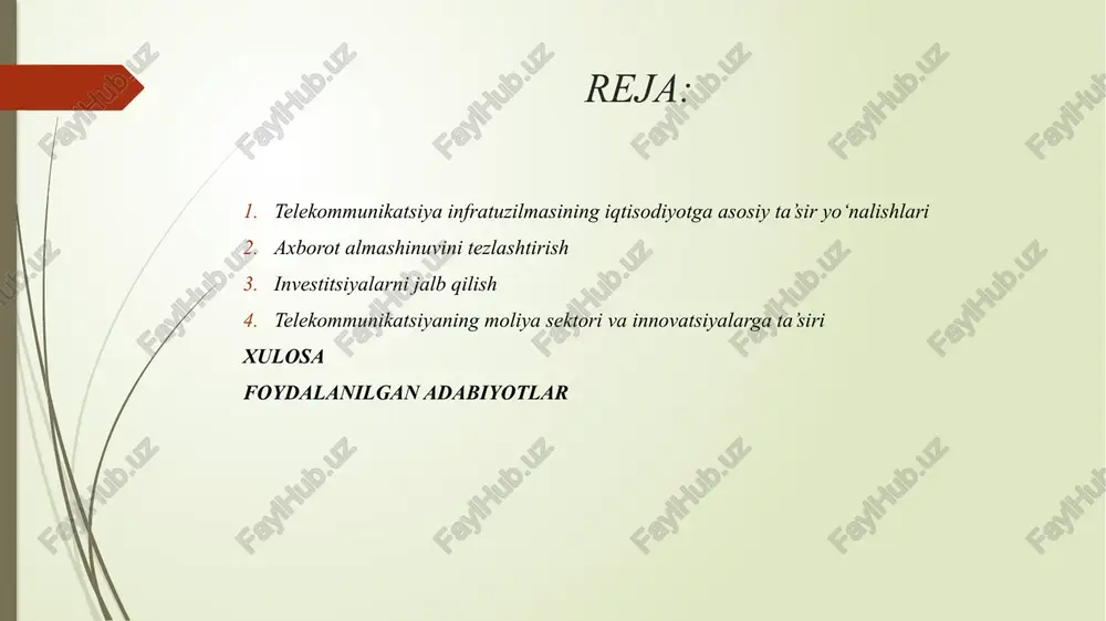 upsiya xavfi qisqaradi. hududlar o‘rtasidagi iqtisodiy tafovutni kamaytirish telekommunikatsiya infratuzilmasi rivojlanmagan hududlarda ham iqtisodiy imkoniyatlar yaratadi. masofadan turib ishlash, onlayn ta’lim va tibbiy xizmatlar orqali qishloq joylardagi aholining iqtisodiy faolligi oshadi. investitsiyalarni jalb qilish investitsiyalarni jalb qilish rivojlangan telekommunikatsiya tizimi xorijiy investorlar uchun muhim infratuzilma omilidir. sarmoyadorlar samarali aloqa va axborot tizimlariga ega bo‘lgan mamlakatlarni afzal ko‘radilar. innovatsiyalarni qo‘llab-quvvatlash telekommunikatsiya infratuzilmasi startaplar, texnoparklar va ilmiy tadqiqot markazlarining rivojlanishiga turtki beradi. bu esa innovatsion iqtisodiyot uchun muhim asosdir. o‘zbekiston misolida so‘nggi yillarda o‘zbekistonda telekommunikatsiya tarmog‘ini modernizatsiya qilish bo‘yicha keng ko‘lamli ishlar amalga oshirilmoqda. 5g texnologiyalarining joriy etilishi, optik tolali tarmoq uzunligining kengayishi va davlat xizmatlarining raqamlashtirilishi mamlakat iqtisodiy o‘sishiga sezilarli ta’sir ko‘rsatmoqda. raqamli iqtisodiyotning poydevori sifatida telekommunikatsiya telekommunikatsiya infratuzilmasi raqamli iqtisodiyotning ajralmas qismidir. 5g tarmoqlari, bulutli texnologiyalar, sun’iy intellekt, internet narsalar (iot) kabi tizimlar aynan mustahkam aloqa infratuzilmasi orqali ishlaydi. masalan, raqamli to‘lov tizimlari, elektron tijorat, masofaviy ta’lim, raqamli sog‘liqni saqlash …
