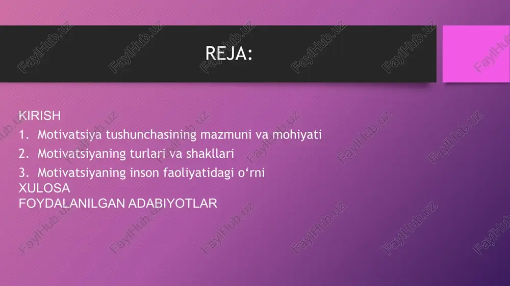 siy rivojlanishda: motivatsiya insonni o‘z ustida ishlashga, yangi marralarni zabt etishga undaydi. kuchli motivatsiyaga ega inson muvaffaqiyatga erishishda qat’iyatli bo‘ladi. jamiyat rivojida: motivatsiyali shaxslar ijtimoiy hayotda faol bo‘ladi, yangilik kiritadi va jamiyat taraqqiyotiga hissa qo‘shadi. motivatsiyaning mazmuni faqatgina rag‘batlantirish yoki mukofotlash bilan chegaralanmaydi. u shaxsning ichki istaklari, qadriyatlari, ishonchlari hamda tashqi muhit ta’sirlarining uyg‘unlashuvidan tashkil topadi. motivatsiya orqali inson o‘z imkoniyatlarini ro‘yobga chiqaradi, qiyinchiliklarni yengadi va maqsad sari intilishda bardavom bo‘ladi. motivatsiyaning turlari va shakllari motivatsiya turli mezonlarga ko‘ra tasniflanadi. eng ko‘p qo‘llaniladigan yondashuv — uni ichki va tashqi motivatsiya turlariga ajratishdir. ichki motivatsiya — bu shaxsning o‘z istak va qiziqishlari asosida faoliyat yuritishidir. bunda inson ma’lum ishni bajarishdan o‘zi zavq oladi, uni qiziqish bilan amalga oshiradi. masalan, yangi bilim olishga bo‘lgan ishtiyoq, ijod qilish istagi, o‘zini rivojlantirishga intilish ichki motivatsiyaga misol bo‘la oladi. tashqi motivatsiya esa tashqi omillar ta’sirida yuzaga keladi. bunga mukofotlar, rag‘batlar, ijtimoiy bosim yoki jazolardan qochish …