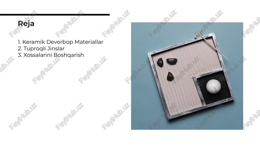 rini yaxshilashga yordam beradi. ishlov berish usullari keramik materiallar turli sohalarda, jumladan, qurilish, tibbiyot va elektronika sohalarida keng qo'llaniladi. ular o'zining yuqori sifatlari bilan ajralib turadi. qo'llanilishi innovatsiyalar innovatsiyalar keramik materiallar sohasida yangi imkoniyatlar yaratadi. zamonaviy texnologiyalar yordamida yangi materiallar va usullar ishlab chiqilmoqda. muammolar keramik materiallar ishlab chiqarishda yuzaga kelishi mumkin. ularni hal qilish uchun yangi yondashuvlar va texnologiyalar zarur. muammolar va qiyinchiliklar kelajakdagi yo'nalishlar kelajakdagi yo'nalishlar keramik materiallar sohasida innovatsiyalarni o'z ichiga oladi. ularning rivojlanishi uchun yangi tadqiqotlar va ishlanmalar zarur. taqdimotda keramik devorbop materiallar, tuproqli jinslar va ularning xossalarini boshqarish usullari haqida ko'plab ma'lumotlar berildi. ushbu soha kelajakda rivojlanishda davom etadi. xulosa