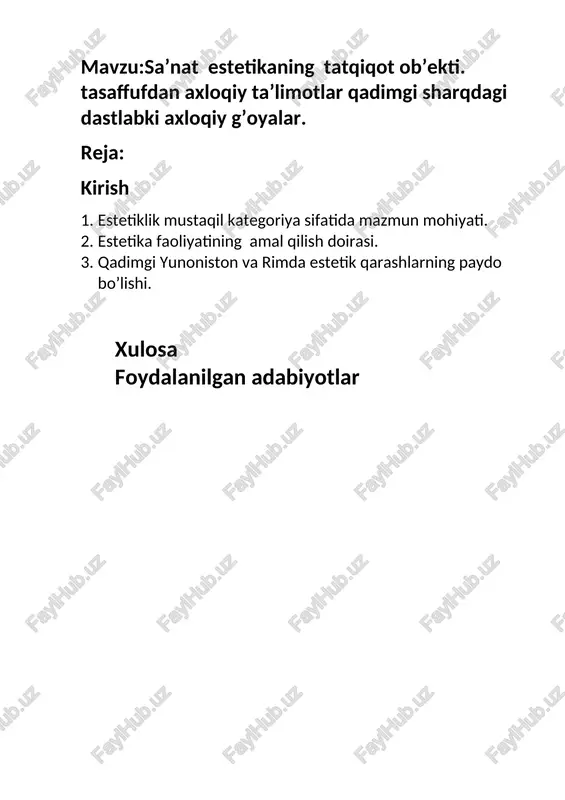 alohida oʻrinni egallaydi, u qadimdan to hozirgi kungacha eng koʻp tadqiq etilgan estetik soha hisoblanadi. estetikaning bu borada sanʼatshunoslik fanlaridan farqi shundaki, u oʻz obʼyektiga falsafiynazariy jihatdan yondashadi. estetika sanʼatni — sanʼatkor, sanʼat asari, sanʼat asarini idrok etuvchi shaxsdan iborat yaxlit tizimda olib oʻrganadi, barcha sanʼat turlari uchun zarur boʻlgan umumiy qonunqoidalarni ishlab chiqadi. mas, adabiyotshunoslikdatch qofiya nazariyasini musiqaga yoki haykaltaroshlikka nisbatan qoʻllab boʻlmaydi. estetikadagi kompozitsiya yoki uslub nazariyasi esa meʼmorlikdan tortib badiiy suratkashlikkacha boʻlgan hamma sanʼat turlariga taalluklidir. ayni paytda estetika sanʼatning tabiati, uning ijodiyligi va boshqalar jihatlarini tadqiq etadi; badiiy oqimlar va yoʻnalishlarning, ijodiy uslublarning mohiyatini oʻrganadi. 2. estetika faoliyatining amal qilish doirasi. (nafosat va go‘zallik dunyosi shu qadar xilma-xil, rango-rang, ehtirosli va sehrliki, unda moddiy va ma'naviy joziba uyg‘un holda namoyon bo'ladi. insonning nafosat olamini anglashga intilishi atrofvoqelikni anglashga intilishi bilan chambarchas bog'liqdir. nafosat olamini yaratish bilan bir qatorda uni anglash, idrok etish, o‘zlashtirish maqsadi, ya'ni nafosat …