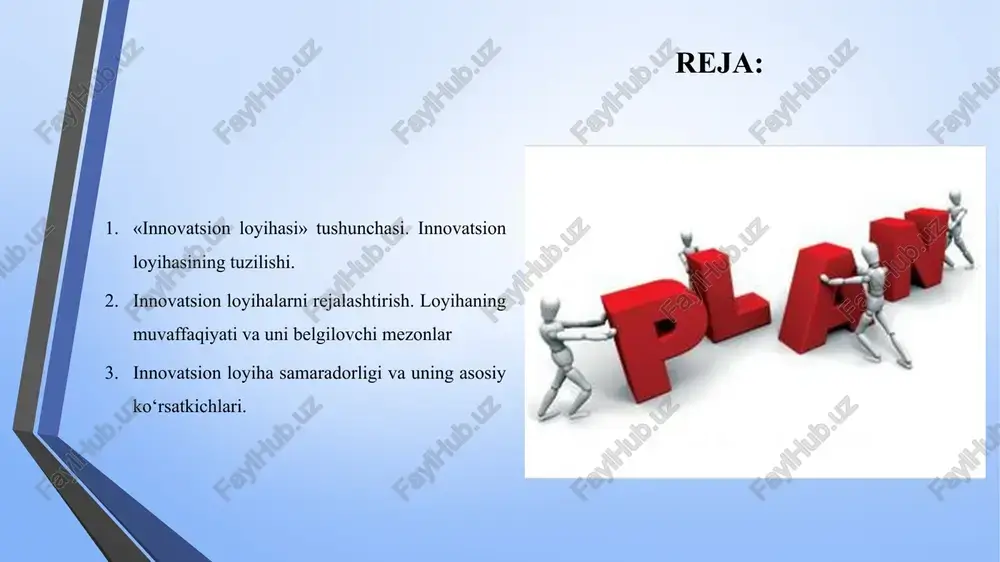 erak: a) investitsich loyihalari, masalan, yangi sanoat ob’ektlari qurilishiga (energetika, transport, aloqa va h.k.) yirik kapital qo‘yilmalar; b) ilmiy-texnik (innovatsiya) – ilg‘or texnologiyalar, yangiliklar, mahsulotlar va xizmatlar. «innovatsion loyihasi» tushunchasi. innovatsion loyihasining tuzilishi ushbu ikki xil loyiha o‘rtasida muhim farqlar mavjud: 1. sanoat ob’ektlariga kapital qo‘yilmalar haqidagi mavjud moliyaviy axborot, hattoki eng oddiy ilmiy-texnik loyihalarga qaraganda, ayniqsa, ularning erta bosqichlarida, ishonchliroqdir; 2. innovatsion ilmiy-texnik loyihalar mavhumlikning yuqori darajasiga ega ekanligi bilan farq qilib, ular shunday afzallikka egaki, ular ishlanmaning erta bosqichidayoq katta bo‘lmagan moliyaviy yo‘qotishlar bilan to‘xtatib qo‘yilishi mumkin; 3. ilmiy-texnik loyihalarda axborot investitsiyaviy loyihalarga qaraganda ko‘proq cheklanganligi va mos emasligi bilan farq qiladi. bu esa mustaqil ekspertlarning loyihalarini baholash bo‘yicha fikrlarini korrelyasiyalashni nihoyatda qiyinlashtiradi; 4. innovatsiya loyihalari ko‘p mezonliligi va yuqori darajali mavhumliligi bilangina farq qilmasdan, balki sifatli baholash bo‘yicha ham farqlanadi. «innovatsion loyihasi» tushunchasi. innovatsion loyihasining tuzilishi innovatsiya loyihasining hayotga tadbiq etilishi, har qanday investitsiya loyihasidek texnik-iqtisodiy asoslanishi, …
