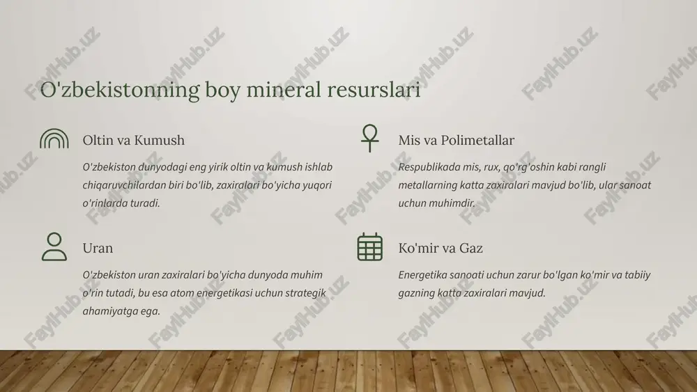 sanoati uchun keng spektrli xomashyo bilan ta'minlaydi. 5 fosforit va kaliy tuzlari: qishloq xo'jaligi tayanchi fosforit zaxiralari qizilqum cho'lidagi yirik fosforit konlari o'zbekistonni fosfor o'g'itlari ishlab chiqarishda mustaqil qiladi. kaliy tuzlari surxondaryo viloyatidagi kaliy tuzlari konlari qishloq xo'jaligi uchun yana bir muhim mineral hisoblanadi. bu resurslar mamlakatning oziq-ovqat xavfsizligini ta'minlashda va agrosanoat kompleksini rivojlantirishda fundamental ahamiyatga ega. 6 qmb xomashyo bazasini rivojlantirish strategiyalari 01 geologik qidiruv ishlarini kengaytirish yangi konlarni topish va mavjud konlarning zaxiralarini baholash. 02 zamonaviy texnologiyalarni joriylash qazib olish va qayta ishlash samaradorligini oshirish. 03 qayta ishlash quvvatlarini oshirish mahalliy xomashyodan qo'shimcha qiymatli mahsulotlar ishlab chiqarish. 04 sarmoyalarni jalb qilish ichki va xorijiy investitsiyalarni mineral-xomashyo sektoriga yo'naltirish. 7 image2.png image3.png image4.png image5.png image6.jpeg image7.png image8.png image1.jpg