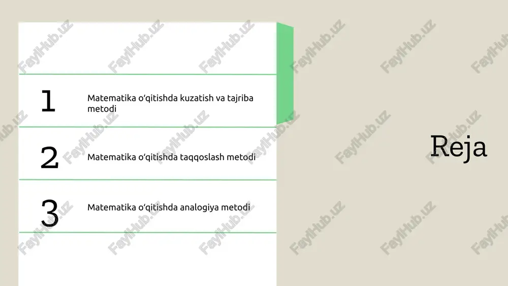 r tasvirlangan matematik obyektdagi narsalarning xossalari va ular orasidagi miqdoriy munosabatlarni sun'iy ravishda bo‘lak(qism)larga ajratish yoki ularni birlashtirish tajriba metodi deyiladi. tajriba o'tkazish jarayoni: muammo yoki mavzu tanlash, reja tuzish, natijalarni yozish va tahlil qilish. bu jarayon o'quvchilarga mustaqil fikrlash va muammo yechish ko'nikmalarini rivojlantiradi. o'quvchilarning tajriba orqali o'rganish imkoniyatlari: amaliy ishlar, simulyatsiyalar, real hayot misollari yordamida tushunchalarni mustahkamlash. bu metod faol qatnashishni ta'minlaydi va bilimlarni amaliyot bilan bog'laydi. tajriba metodi: asosiy tamoyillar kuzatish va tajriba: o'zaro aloqa tajriba - bu shunday o‘rganish metodini biz tabiiy xolatga sun'iy sharoit yaratish orqali aralashamiz, so‘ngra su'hiy ravishda bo‘laklarga ajratamiz so‘ngra uni boshqa obyektlar bilan bog‘laymiz yoki taqqoslaymiz. natijada tajriba orttiramiz tajriba metodida o'qituvchi yoki o'quvchi amaliy usullar yordamida muayyan jarayonlarni sinab ko'radi va natijalarni baholaydi. o'qitishda birgalikda qo'llanilishi va o'quvchilarning bilimlarini mustahkamlash ro'li kuzatish esa bevosita tajriba orttirishni yuli uslubi sifatida xam qatnashadi.ushbu metodlar birgalikda qo'llanilganda, o'quvchilar uchun matematik tushunchalarni chuqurroq tushunishga …