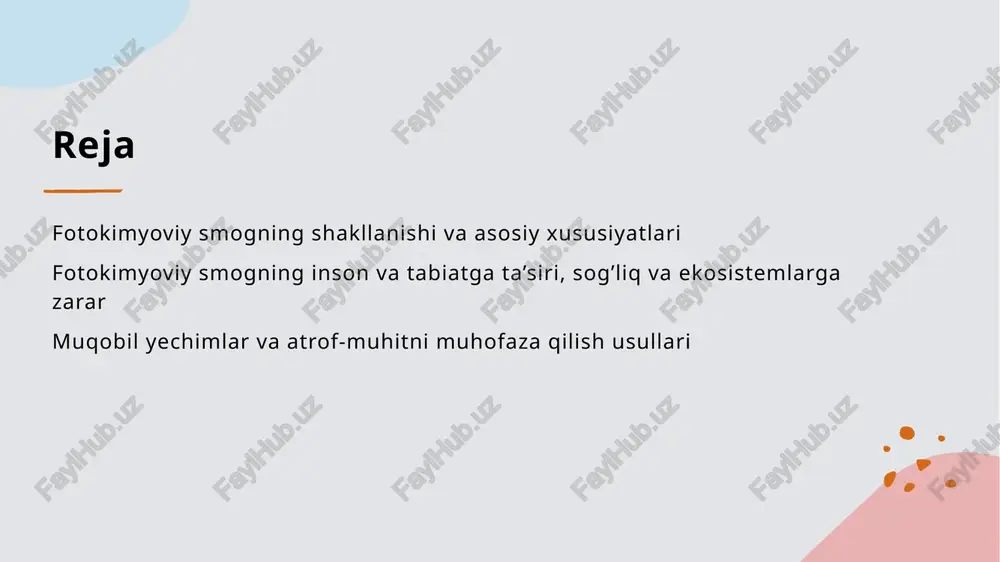 ni va yallig’lanishni oshiradi. 2 hujayra va to'qimalarga ta'sir smogdagi kimyoviy moddalar o'pkalardagi hujayralarga zarar yetkazib, yallig'lanishni kuchaytiradi va nafas yo'llarining moslashuvchanligini pasaytiradi, natijada jiddiy sog’liq muammolari yuzaga keladi. 3 immunitet va qarshilik uzun muddatli ta'sirda, fotokimyoviy smog immunitetni kamaytiradi, kasalliklar oldini olish qobiliyatini pasaytiradi va nafas tizimining umumiy salomatligiga salbiy ta'sir ko‘rsatadi. tabiat va ekosistemalarga fotokimyoviy smogning ta'siri: biologik muvozanatning buzilishi 1 tabiatga ta'siri fotokimyoviy smogning ekologik muvozanatga ta'siri tabiiy muhitning buzilishiga olib keladi. bu o'simliklar va hayvonlar uchun muhim bo'lgan sirka va gazlarning muvozanatini buzadi. 2 ekosistemalarning buzilishi smog atmosferadagi biologik jarayonlarni sekinlashtiradi. bu, o'simliklarning fotosintezini kamaytirib, hayvonlar va insonlar uchun oziq-ovqat zanjirini zaiflashtiradi. 3 biologik muvozanat fotokimyoviy smogning ta'siri natijasida biologik muvozanat buziladi, bu esa tabiatda o'simlik va hayvonlar populyatsiyasining kamayishiga, biologik xilma-xillikning pasayishiga olib keladi. fotokimyoviy smogga qarshi muqobil texnologiyalar va tabiiy toza havoni saqlash usullari 1 yuqori texnologiyalar zamonaviy muqobil texnologiyalar, masalan, elektrofilterlar va fotokatalitik …