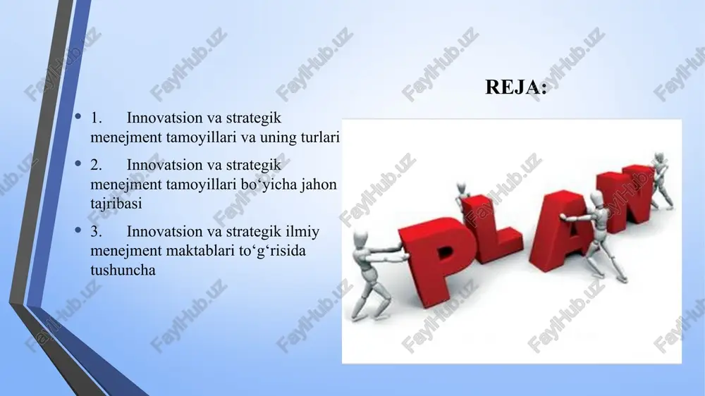 turani yaratishda ifodalanadi. barcha zvenolar faoliyati ustidan doimiy nazorat qayta aloqalar orqali amalga oshiriladi. innovatsion va strategik menejment tamoyillari va uning turlari 7. huquq, majburiyat va mas’uliyatni birga qo‘shib olib borish tamoyili. tashkilotda har bir bo‘ysunuvchi o‘ziga qo‘yilgan topshiriqlarni bajarish va u haqda ma’lum davrda hisobot berib borishi kerak. 8. motivlashtirish tamoyili. agar menejer rag‘batlantirish va jazolash tizimini qunt bilan amalga oshirsa, uni ko‘zda tutilmagan holatlarni hisobga olgan holda qarab chiqsa, tashkiliy elementlarni birga qo‘shib olib borsa motivlashtirish dasturi samarali bo‘ladi. 9. boshqarishni demokratiyalash tamoyili. uning mohiyati, asosan, boshqarishda barcha xodimlar qatnashishini taqozo qiladi. qatnashish shakli turlicha bo‘lishi mumkin: boshqarishda yagona ma’muriylik, birgalikdagi pul mablag‘lari, boshqarish qarorlarini kollegial hal qilish va hokazo. 10. farmoyishlik va javobgarlik tamoyili. ishlab chiqarish birligi yoki firma tomonidan qabul qilingan rejalar, yo‘riqnomalar, korxonaning yillar davomida to‘plangan an’analariga bo‘ysunishi va ularni bajarilishini ta’minlash farmoyishlik tamoyilining asosini tashkil qilib, kelajakni ta’minlovchi omillardan bo‘lib hisoblanadi innovatsion va strategik …