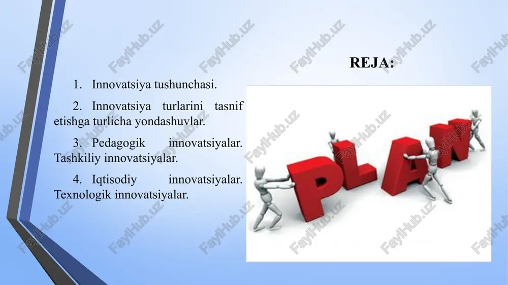 aqtda u boshqariluvchi va nazorat kilinuvchi o‘zgarishlar mexanizmi bo‘lib hisoblanadi. innovatsiya tushunchasi innovatsiya tushunchasi n.mamadov o‘zining “umumiy talim maktablarini innovatsion boshqarish” deb nomlangan tadqiqotida innovatsiya - bu boshqaruv ob’ektini o‘zgartirish hamda yuqori darajadagi ijtimoiy-iktisodiy, ilmiy-texnik samaralarni qo‘lga kiritish maqsadida muayyan soxalarga yangilikni tatbiq qilishning yakuniy natijasi ekanligini qayd etib o‘tadi. innovatsiya tushunchasi respublikamiz olimlarining “innovatsiya” tushunchasiga bergan ta’riflaridagi xilma-xillik chet el olimlarining tadqiqotlarida ham ko‘zga yaqqol tashlanadi. mazkur ta’riflarning qiyosiy tahlili asosida tushunchaning quyidagi mohiyatli jihatlarini ajratib ko‘rsatish mumkin: innovatsiya - bu yangilik (a.m.saranov, e.m.rodjers); innovatsiya - bu o‘zgartirish, yaxshilash, takomillashtirish demakdir (k.angelovskiy); innovatsiya - bu o‘zida taraqqiy parvar asosni aks ettiruvchi tarkibiy qismlar majmui (v.i.zagvyazinskiy); innovatsiya - bu yangi vosita, yangi metod, yangi texnologiya (v.a.slastenin, v.i.podtmova); innovatsiya — bu yapgi metodlarni va ta’limning yaigi mazmundagi metodlarini ishlab chikishdir (p.g.vdedrovitskiy). innovatsiya esa - bu ma’lum bir bosqich asosida rivojlanadigan jarayondir. u bir nechta ma’nodagi tushunchalarni beradi: innovatsiya bu - ta’limning …
