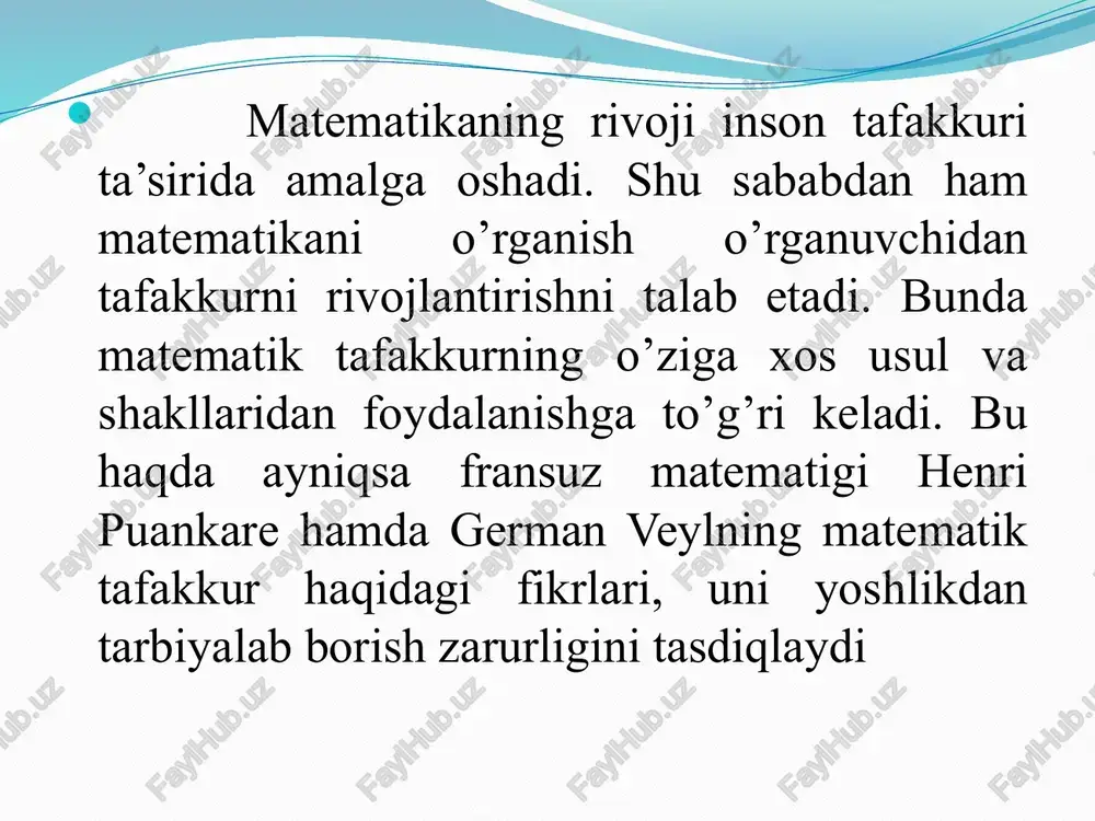 hunchaning shakllanish jarayoni bosqichlari: 1. qabul qilish 2.hissiy bilish 3. tasavvur 4. tushunchaning shakllanishi matematik hukmlar obyektlar haqidagi fikrlar tuzilmasidan iborat bo’lib, tushunchaning biror xossa yoki boshqa tushunchalar bilan munosabatini o’rnatish uchun qo’llaniladigan tafakkur shakli hisoblanadi, tushunchadan farqli tomoni to’g’ri yoki rostligi asoslanilishi talab etiladi yoki bunday usul mavjudligi ko’rsatilishi lozim. ayrim turdagi masalalarni yechishga o’rgatishning uch bosqichidagi ish metodikasini qarab chiqamiz. bu bosqichdagi maqsad – o’quvchilarda berilgan sonlar va izlanayotgan son orasida ma’lum bog’lanish mavjud bo’lgan masalalarnni yechish o’quvini shakllantirishdir. ayrim turdagi masalalarni yechish usulini umumlashtirish ustida ishlash, eslab qolish ishi bilan almashtirish kerak emas, chunki bu holda o’quvchi tanish turdagi masalani taniy biladi va uni yechishdagi amallarni bajarish tartibini eslaydi, avval qo’shaman, so’ngra bo’laman… va hokazo. o’quvchining butun harakati berilgan sonlar va izlanayotgan son orasidagi tegishli bog’lanishlarni ochib berishga qaratilgan bo’lishi kerak, uning asosida u tegishli arifmetik amalni tanlaydi. matematikada masalani shartini tushunish uni yechishda muhim rol o’ynaydi. …
