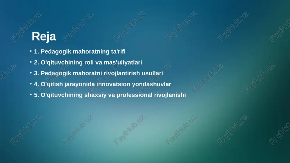 bilim, ko'nikma va malakalar bilan ta'minlaydi. o'qituvchi o'z bilimlarini etkazishdan tashqari, o'quvchilarning shaxsiy rivojlanishiga ham hissa qo'shadi. ular o'quvchilarda mustaqil fikrlash va muammolarni hal qilish qobiliyatlarini rivojlantirishga yordam beradi. o'qituvchining ta'limdagi roli o'qituvchi ta'lim jarayonida o'quvchilarning bilim olishida yo'l ko'rsatuvchi sifatida harakat qiladi. ular o'quvchilarning qiziqishlarini aniqlab, ularga mos ta'lim strategiyalarini ishlab chiqadi. o'qituvchilar o'z bilimlarini o'quvchilarga etkazish orqali ularning o'z-o'zini rivojlantirishlariga yordam beradi. o'qituvchining mas'uliyatlari o'qituvchilar doimiy ravishda o'z bilim va ko'nikmalarini yangilab turishlari zarur. bu, o'z navbatida, ta'lim sifatini oshirishga yordam beradi. o'qituvchilar o'quvchilarning tarbiyasida muhim rol o'ynaydi. ular o'quvchilarga nafaqat bilim berish, balki ularning axloqiy va ijtimoiy rivojlanishiga ham e'tibor berishlari kerak. o'qituvchining mas'uliyatlari o'qituvchilar o'quvchilarning individual ehtiyojlarini inobatga olib, har bir o'quvchiga individual yondashuvni ta'minlashlari lozim. bu, o'quvchilarni muvaffaqiyatli ta'lim olishlariga yordam beradi. pedagogik mahoratni rivojlantirish o'qituvchilar uchun muhim yo'nalishlar o'qituvchining pedagogik mahorati o'qituvchining pedagogik mahorati, ta'lim jarayonida muvaffaqiyatli bo'lish uchun zarur bo'lgan bilim, ko'nikma va …
