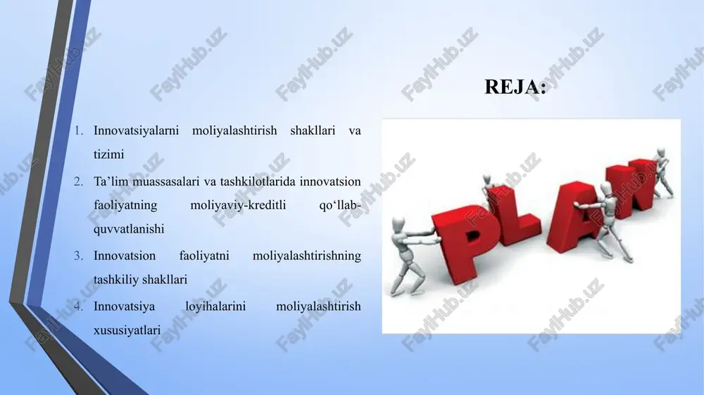 va dinamikligiga qaratishni va innovatsionlarni ularni innovatsion faoliyatdan moliyaviy qaytarilishni o‘sishini ta’minlovchi tijoratlantirilishi bilan samarali tadbiq etilishi kerak. buning uchun ikkita asosiy shartga amal qilish zarar: davlatning innovatsion, ilmiy–texnik va sanoat siyosatini faollashtirish va tadbirkorlarni faol investitsion rivojlanishga o‘tishga tayyorligi. innovatsiyalarni moliyalashtirish shakllari va tizimi innovatsion faoliyatni moliyalashtirish tizimi mulkchilik turi, markazlashtirilganlik darajasi, ham mulk egalarining darajasi va moliyalashtirish shakllari bilan farqlanuvchi shvkllar va manbalarning murakkab birikib ketishidan iboratdir. mulkchilik turlariga ko‘ra moliyalashtirish manbalari quyidagilarga bo‘linadi; davlat investitsion resurslari (byudjet mabla-lari, byutjetdan tashqari fondlar , davlat tomonidan qarz olish , aksiyalar paketlari ,davlat tasarrufidagi mulk ); tijorat va notijorat xarateriga ega xo‘jalik yurituvchi sub’ektlar, hamda shaxs tashkilotlar jismoniy shakllarining investiitsion, shu jumladan moliyaviy resurslari. innovatsiyalarni moliyalashtirish shakllari va tizimi korxona darajasiga quyidagilar moliyalashtirish manbalari bo‘ladilar 1. shaxsiy mablag‘lar foyda, amartizatsion ajratmalaaar, sug‘urtali to‘lovlar, nomoddiy aktivlarning jalb qilinmagan ortiqchalari, asosiy va aylanma mablag‘lar va h.k.; 2. jalb qilingan mablag‘lar, aksiyalarni sotishdan …