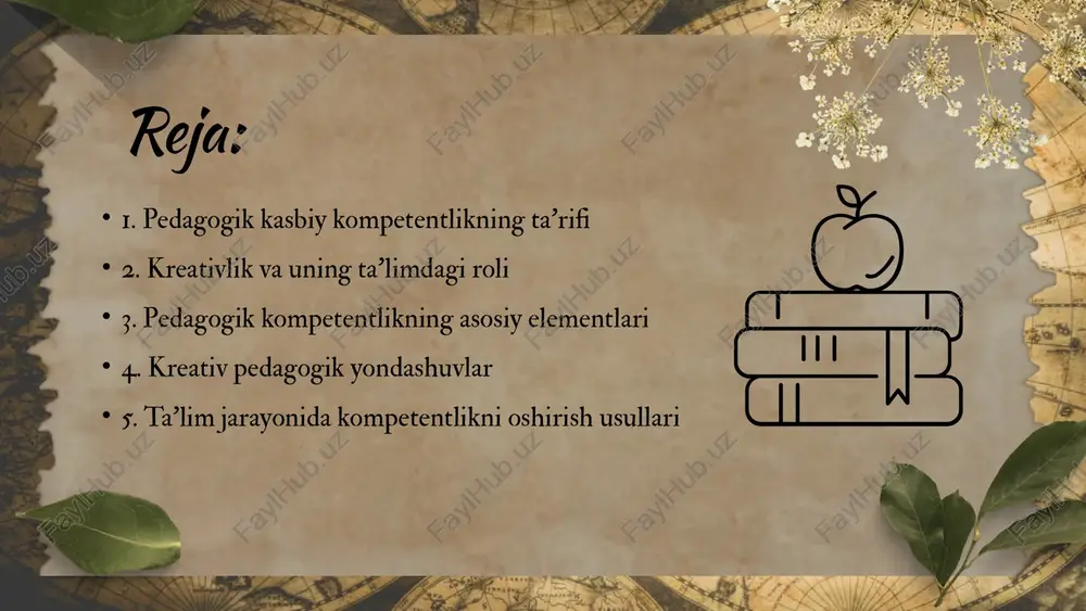 h qobiliyatlarini rivojlantirishga imkon yaratadilar. bu esa umumiy ta'lim sifatini oshiradi. kreativlik va ta'lim ta'lim tizimidagi ahamiyati kreativlik ta'lim jarayonida kreativlik ta'lim jarayonida o'quvchilarning fikrlash qobiliyatini rivojlantirishda muhim rol o'ynaydi. ular yangi g'oyalar ishlab chiqish, muammolarni hal qilish va innovatsion yondashuvlarni qo'llash orqali o'z bilimlarini amaliyotda qo'llay olishadi. shuningdek, kreativlik o'quvchilarning shaxsiy rivojlanishiga va o'z-o'zini ifoda etishiga yordam beradi. kreativlikning ta'limdagi roli kreativlik ta'limda o'quvchilarning o'zaro munosabatlarini kuchaytiradi. o'quvchilar birgalikda ishlash va fikr almashish orqali yangi g'oyalar yaratish imkoniyatiga ega bo'ladilar. bu jarayon, o'z navbatida, ularning ijodiy fikrlash qobiliyatini oshiradi. kreativlikni rivojlantirish yo'llari shuningdek, muammoga asoslangan o'quv faoliyatlari o'quvchilarga real hayotdagi muammolarni hal qilishda kreativ yondashuvlarni qo'llash imkonini beradi. o'qituvchilar o'z darslarida kreativ muhit yaratishi kerak, bu o'quvchilarning o'z g'oyalarini erkin ifoda etishlariga yordam beradi. kreativlikni rivojlantirish uchun o'quv jarayonida interaktiv usullarni qo'llash zarur. bu o'quvchilarni faol ishtirok etishga undaydi va ularning ijodiy fikrlashini rag'batlantiradi. pedagogik kompetentlikning asosiy elementlari kreativlik …