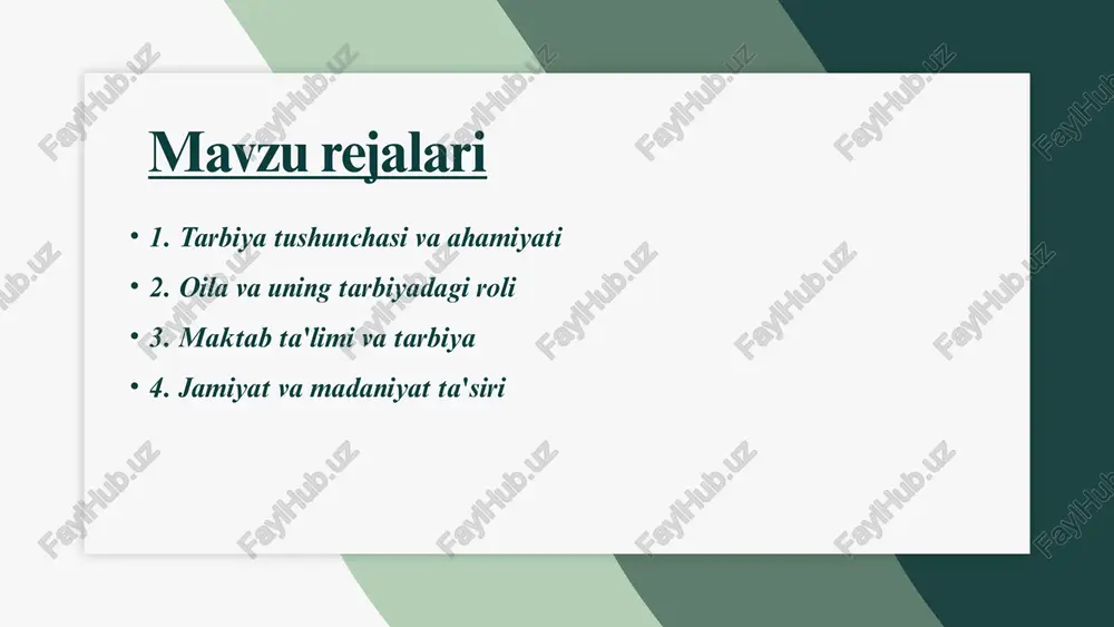 hlariga yordam beradi. oila ichidagi muloqot va muomala bolalarning hissiy rivojlanishiga ijobiy ta'sir ko'rsatadi. oila ta'sirining asosiy jihatlari oila ichidagi tarbiya, bolalarning hissiy rivojlanishiga va muvozanatli shaxs bo'lib yetishishlariga yordam beradi. oila, bolalarga hayotiy tajribalar orqali ko'p narsalarni o'rgatadi. oila, bolalarga axloqiy qadriyatlar va ijtimoiy ko'nikmalarni o'rgatadi. bu, kelajakda ularning shaxsiy va ijtimoiy hayotida muhim ahamiyatga ega bo'ladi. oila ta'sirining asosiy jihatlari oila muhitida bolalar o'zaro aloqalarni o'rganadilar, bu esa ularning ijtimoiy ko'nikmalarini rivojlantiradi. ular qanday qilib boshqalar bilan muloqot qilishni va ijtimoiy qoidalarni hurmat qilishni o'rganadilar. maktab ta'limi va tarbiya omillari tarbiyaga ta'sir etuvchi asosiy omillar tarbiyaga ta'sir etuvchi omillar maktab ta'limi va tarbiyasida bir qator omillar muhim rol o'ynaydi. ular orasida o'qituvchilarning professional malakasi, o'quvchilar orasidagi ijtimoiy aloqalar, oilaviy muhit va madaniy qadriyatlar mavjud. ushbu omillar o'quvchilarning tarbiyasini shakllantirishda, ularning shaxsiy rivojlanishiga va ta'lim olish jarayoniga bevosita ta'sir ko'rsatadi. o'qituvchilarning roli o'qituvchilar maktab ta'limida muhim shaxslar hisoblanadi. ular …