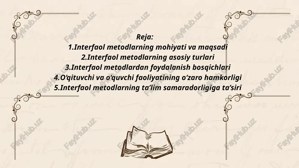 tiq tushunchalarni solishtirish uchun qo‘llanadi. o‘xshash va farqli jihatlar doiralar orqali ifodalanadi. mantiqiy tahlil va taqqoslash ko‘nikmasini rivojlantiradi. 01 02 “klaster” metodi bir mavzu atrofida g‘oyalarni tizimlashtirishga yordam beradi. markaziy so‘z atrofida fikrlar tarmoqlanadi. o‘quvchi tafakkurini kengaytiradi va mavzuni chuqur tushunishga yordam beradi. “sinkveyn” va “insert” metodlari “sinkveyn” – besh satrli she’riy ifoda orqali mavzuni yodda saqlash usuli. “insert” – matn ustida belgilar orqali ishlash strategiyasi. har ikkisi ham o‘quvchini faol o‘ylashga undaydi. konfutsiy: “ayting, unutsam mumkin. ko‘rsating, eslab qolarman. ishtirok ettiring — o‘rganaman.” interfaol metodlardan foydalanish bosqichlari bosqichma-bosqich yondashuv har bir interfaol metod o‘ziga xos jarayonlarga ega. to‘g‘ri tashkil etilsa, dars samarasi yuqori bo‘ladi. uchinchi bosqichda tahlil muhim ahamiyat kasb etadi. tayyorlov bosqichi dars mavzusi va maqsadi aniqlanadi. kerakli materiallar va savollar tayyorlanadi. guruhlar yoki juftliklar shakllantiriladi. amalga oshirish jarayoni o‘qituvchi jarayonni yo‘naltiradi, o‘quvchilar faol ishtirok etadi. fikrlar almashiladi, muhokama qilinadi. o‘qituvchi muhitni ochiq va ijobiy ushlab turadi. yakuniy …
