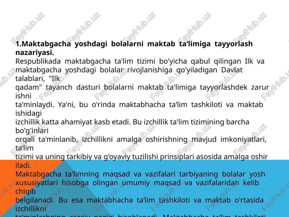 hi yaxlit,dinamik va istiqbolli tizimni amalga oshirish uchun sharoit yaratadi. maktabhacha ta‘lim tashkiloti va maktab o'rtasidagi izchillikning qaror topishi tayyorlov guruhi bolalari va 1-sinf bolalalariga ta'lim-tarbiya berish sharoitlarini yaqinlashtiradi. shunga ko'ra maktab ta'limining yangi sharoitlariga o'tish bola uchun sezilarsiz bo'lgan psixologik qiyinchiliklar bilan amalga oshiriladi. bunda bolalarning yangi sharoitlarga tabiiy kirib borishlari ta'minlanadi, bu esa o'quvchilarga maktabga birinchi kelgan kunlaridan boshlaboq ta'lim-tarbiya berish samaradorligini oshirishga yordam beradi. maktabhacha ta‘lim tashkiloti va maktabdagi butun pedagogik jarayonning bola shaxsini har tomonlama rivojlantirishga yo'nalaganligi ular o'rtasida ta'limtarbiya izchilligiga erishishning asosiy sharti hisoblanadi. maktabgacha yoshdagi bolalar egallagan xulq-atvor va kattalar va tengqurlar o'rtasidagi o'zaro munosabatlar shakllari, ma'naviy tasavvurlar va hissiyotlar boshlang'ich sinflarda amalga oshiriladigan axloqiy tarbiyaning o'quvchilarda rivojlantirishdagi ma'naviy xatti-harakat, ong, hissiyot va munosabatlarning zamini hisoblanadi. maktab - maktabgacha davrlarda shakllantiriladigan jamoatchilikxususiyatlarini sifat jihatdan yanada rivojlantirish uchun zarur sharoitlar yaratadi, o'quvchi shaxsi jamoatchilikga yo'nalganligini qaror toptirishni ta'minlaydi. maktab o'quvchilarda yuksak insoniy hissiyotlar: vatanparvarlik, mehnatsevarlik …