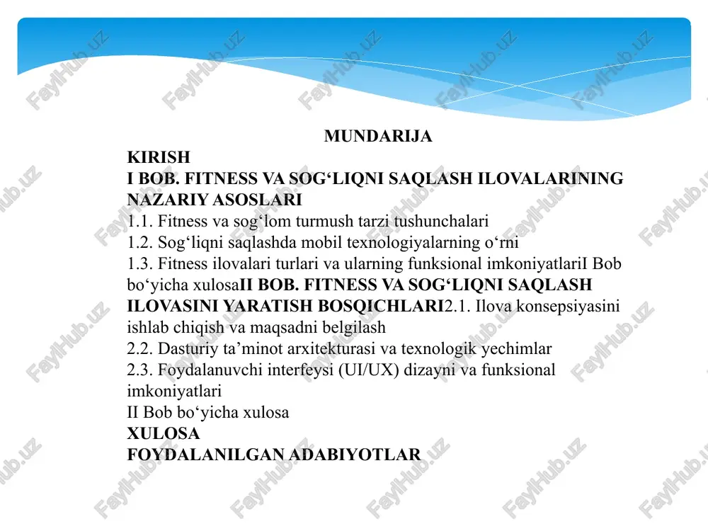 ngi kunda jismoniy faollikning kamayishi, stress, nosog‘lom ovqatlanish, uyqusizlik kabi muammolar keng tarqalgan. shu sababli, sog‘lom turmush tarzini shakllantirish va uni kundalik hayotda qo‘llash dolzarb ahamiyat kasb etmoqda. fitness tushunchasi ingliz tilidagi “fitness” so‘zidan olingan bo‘lib, “moslashuvchanlik”, “jismoniy tayyorgarlik”, “sog‘lom bo‘lish” ma’nolarini anglatadi. fitness – bu faqatgina sport bilan shug‘ullanish emas, balki insonning umumiy jismoniy, ruhiy va psixologik holatini yaxshilashga qaratilgan har tomonlama faoliyatdir. fitness mashg‘ulotlari nafaqat tanani sog‘lomlashtiradi, balki insonning kayfiyatini ko‘taradi, stressni kamaytiradi va ish samaradorligini oshiradi. shuningdek, fitness sog‘lom turmush tarzining ajralmas qismi sifatida quyidagi ijobiy ta’sirlarni ko‘rsatadi: jismoniy sog‘liqni mustahkamlaydi; immunitetni kuchaytiradi; ruhiy holatni yaxshilaydi; metabolizmni (modda almashinuvini) normallashtiradi; uyqu sifatini oshiradi; ishonchni mustahkamlaydi va motivatsiyani kuchaytiradi. so‘nggi yillarda raqamli texnologiyalar jadal rivojlanishi natijasida sog‘lom turmush tarzini qo‘llab-quvvatlovchi mobil ilovalar keng ommalashdi. fitness ilovalari insonning jismoniy faolligini oshirish, sog‘ligini nazorat qilish, ovqatlanish tartibini kuzatish, shuningdek, motivatsiyani kuchaytirish kabi ko‘plab vazifalarni bajaradi. ular sog‘lom hayot kechirishni istaganlar …