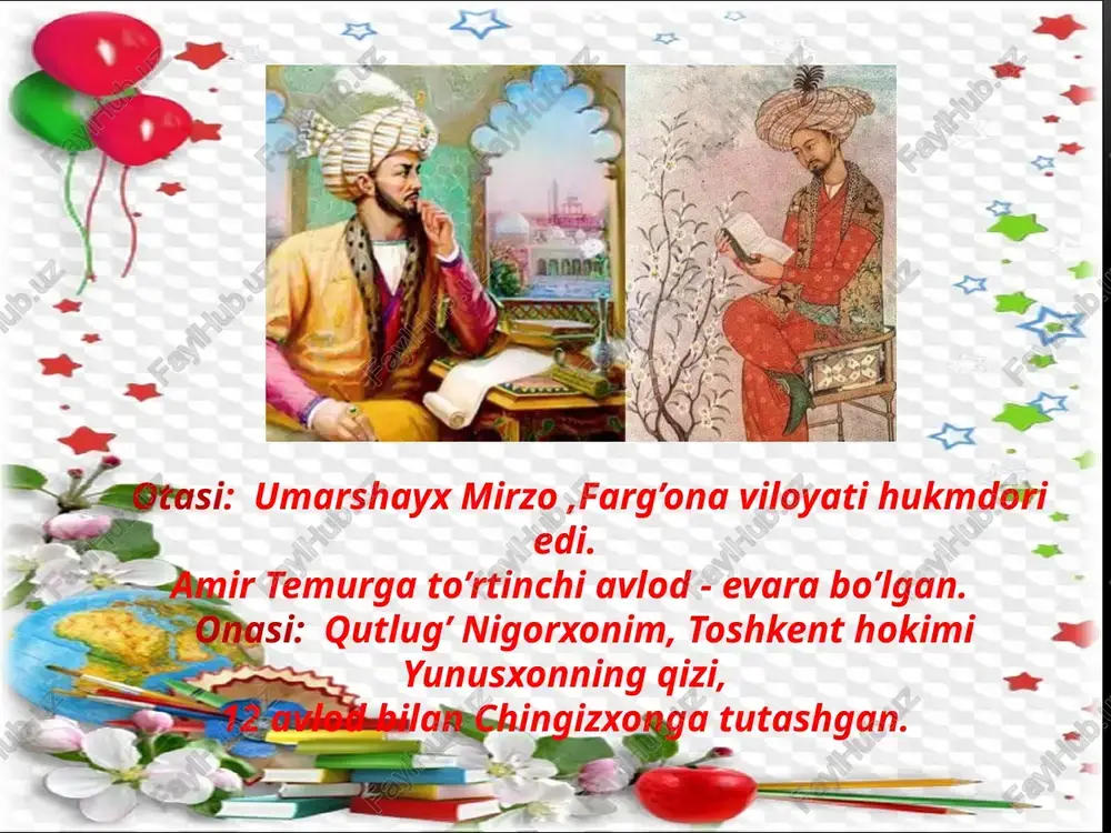 ” risolasi (1523-1525,aruz vazni haqida), “harb ishi”va”musiqa ilmi” (bu ikki asar topilmagan),”kobul devoni”(1519,bu devon topilmagan),”hind devoni”(1528-1529)va boshqalar. bobur she’riyati zahiriddin muhammad bobur 16-17 yoshlaridan boshlab badiiy ijod bilan shug’ullangan. o’zbek va tojik tillarida she’rlar yozadi. u dastlabki she’rlarini fors tilida yozgan. bobur lirikasining asosiy janrlari g’azal,ruboiy va tuyuq bo’lib shoir masnaviy,qit’a,muammo,fard kabi janrlarda ham ijod qilgan. boburning bizgacha yetib kelgan she’rlarining umumiy soni 400 dan ortiq bo’lib,ulardan 119 tasi g’azal, 231 tasi ruboiydir. boburiylar sulolasi (1483-1858) boburiylar bayrog’i va hukmronlik qilgan hududi z.m.bobur qurdirgan buyuk obida, toj mahal. boburning mahfiy vasiyati hamda saltanat muhri tole’ yo’qi jonimg’a balolig’ bo’ldi, har ishniki ayladim,xatolig’ bo’ldi, o’z yerni qo’yib, hind sori yuzlandim, yo rab, netayin, ne yuz qarolig’ bo’ldi. e’tiboringiz uchun raxmat image3.jpg image4.png image5.png image6.jpg image7.png image8.png image9.jpg image10.jpg image11.png image12.jpg image13.jpg image14.jpg image15.png image16.jpg image17.jpg image18.jpg image19.jpg image20.jpg image1.png bc mk muhammad bobur 4° v.178s bedorbaxt ammadshon ats me ‘y ii …