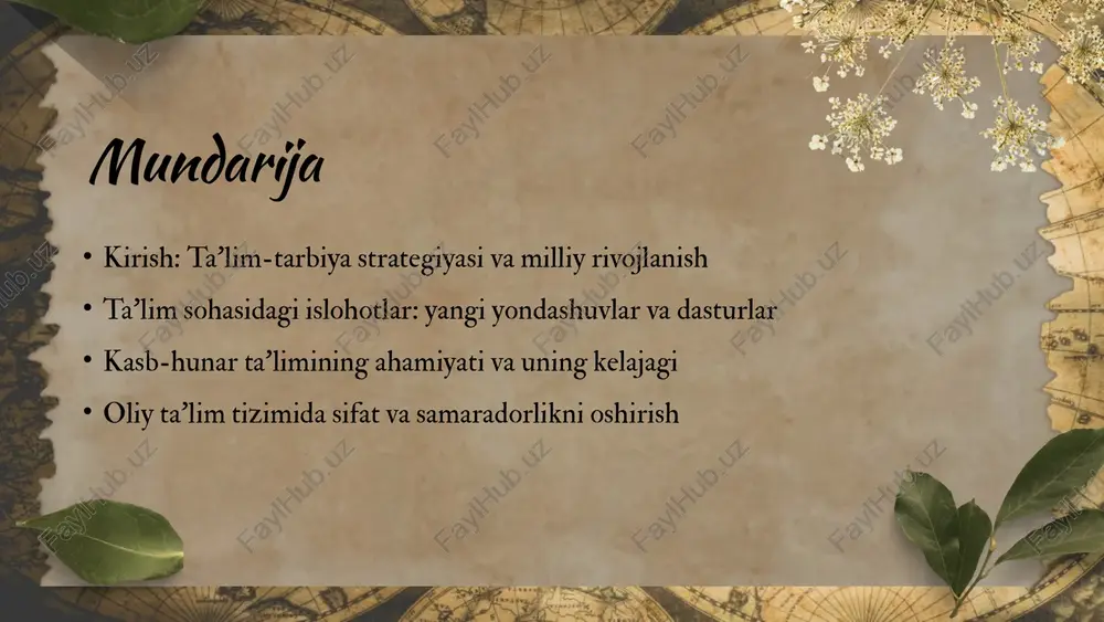 iston ta'lim tizimini xalqaro standartlarga moslashtirish, o'qituvchilarning malakasini oshirish, ta'lim muassasalarining moddiy-texnik bazasini yaxshilash va pedagogik texnologiyalarni yangilash kabi asosiy maqsadlar qo'yilgan. ta'lim sifatini oshirish yo'llari prezident mirziyoyev ta'lim sifatini oshirish uchun ilg'or pedagogik metodlar joriy etish, o'quv dasturlarini zamon talablari asosida yangilash va o'qitish jarayoniga axborot-kommunikatsiya texnologiyalarini keng joriy etish zarurligini ta'kidlaydi. ta'lim islohotlarining ustuvor yo'nalishlari ikkinchi yo'nalish - pedagog kadrlar salohiyatini oshirishga qaratiladi. bu borada malaka oshirish kurslari, seminarlar va treninglar tashkil etish kabi tadbirlar amalga oshirilmoqda. birinchi yo'nalish - ta'lim mazmunini yangilashdir. bu, o'quv dasturlarining mazmunini zamonaviy bilim va ko'nikmalarga moslashtirishni o'z ichiga oladi. kasb-hunar ta'limi strategiyasi mirziyoyev asarlarida ta'lim yondashuvlari uchinchi yo'nalish - ta'lim muassasalarini moddiy-texnik jihatdan ta'minlash va infrastrukturani modernizatsiya qilishdir. bu, ta'lim sifatini yaxshilashga xizmat qiladi va o'quv jarayonini yanada samarali qilish imkonini beradi. ta'limning milliy rivojlanishdagi roli prezident shavkat mirziyoyev ta'lim tizimini isloh qilishni ustuvor vazifa sifatida belgilagan. uning asarlarida ta'kidlanishicha, kasb-hunar ta'limi …