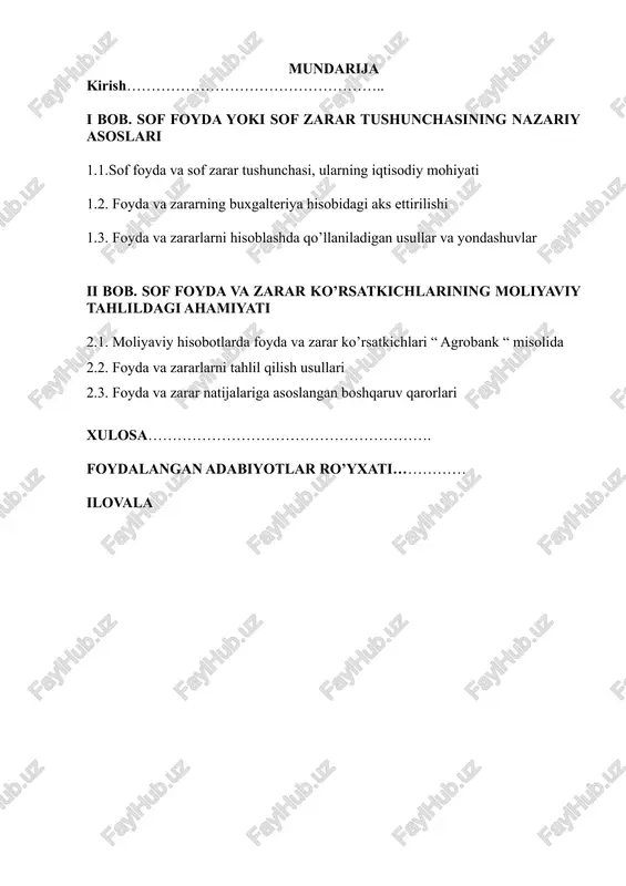 chuqur o‘rganish, ularning korxonalar moliyaviy barqarorligiga ta’sirini tahlil qilish hamda buxgalteriya hisobida qo‘llaniladigan uslublarni aniqlash. shuningdek, ishda milliy va xalqaro tajriba asosida sof foyda yoki sof zararni zamonaviy yondashuvlar asosida hisob yuritish jarayonini takomillashtirish bo‘yicha tavsiyalar ishlab chiqish ham maqsad qilib olinadi. shu boisdan mazkur kurs ishida sof foyda yoki sof zarartushunchasi chuqur o‘rganish, milliy va xalqaro amaliyotdagi yondashuvlarni solishtirish, mavjud bo‘shliqlarni aniqlab, ilmiy asoslangan takliflar ishlab chiqish muhim vazifa sifatida belgilandi ishning vazifalari: foyda va zarar tushunchalarining iqtisodiy mohiyatini aniqlash; sof foyda va zarar ko‘rsatkichlari o‘rtasidagi asosiy farqlarni o‘rganish; ularni buxgalteriya hisobi va moliyaviy hisobotlarda aks ettirish usullarini tahlil qilish; o‘zbekiston korxonalari misolida moliyaviy natijalarni hisoblash va tahlil qilish; amaliy muammolarni aniqlash va takliflar berish. tadqiqot obyekti: korxona faoliyatining moliyaviy natijalari – foyda yoki zarar ko‘rsatkichlari. tadqiqot predmeti: sof foyda va zarar tushunchalarining buxgalteriya hisobida aks ettirilish holati va uslublari. ilmiy va amaliy ahamiyati: tadqiqot natijalari buxgalteriya hisobini yurituvchi …