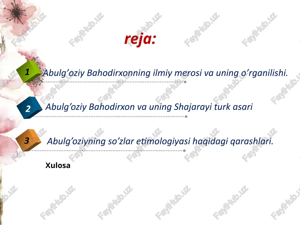 rda ishtirok etgan. abulgʻozi 1644-yilda xorazm taxtini egallaydi, 20 yil hukmronlik qiladi, 1664-yil aprelda vafot etadi. hayoti xvii asrda yashab ijod qilgan abulg’oziy bahodirxon xorazm saltanatida o’z sulolasining shonu shavkatini saqlash yo’lida tinimsiz kurash olib borgan toj sohibi bo’lish bilan birga, sharq xalqlari tarixi, madaniyati, tili va adabiyotining o’tkir bilimdoni, ilm-fanga chuqur e'tiqod qo’ygan, o’z ona tilining sofligi uchun tolmas kurashchi, nodir me'moriy yodgorliklarning yuzaga kelishida bevosita homiylik qilgan ma'rifatparvar davlat arbobi abulg’oziy bahodirxon (1603-1664) abulg’oziy bahodirxon nomi ijodkor-olim sifatida xvii asr madaniy hayotida alohida mavqega va rutbaga ega. u “shajarai tarokima” va “shajarai turk”, “manofe'ul-inson” (“inson uchun foydali tadbirlar”) kabi tarixiy-badiiy hamda tabiblikka oid nodir asarlar yozdi. bu asarlar abu rayhon beruniy nomidagi sharqshunoslik institutining qo’lyozmalar fondida inv. №7668 (“shajarai turk”), inv. №1223 (“shajarai tarokima”), inv. №4017 (“manofe'ul-inson”) raqamlari ostida saqlanmoqda. abulg’oziy bahodirxonning «shajarai tarokima» asari yarim afsonaviy xususiyatga ega bo’lsa-da, mahalliy xalqlarning kelib chiqishi va ularning qadimiy tarixiga …