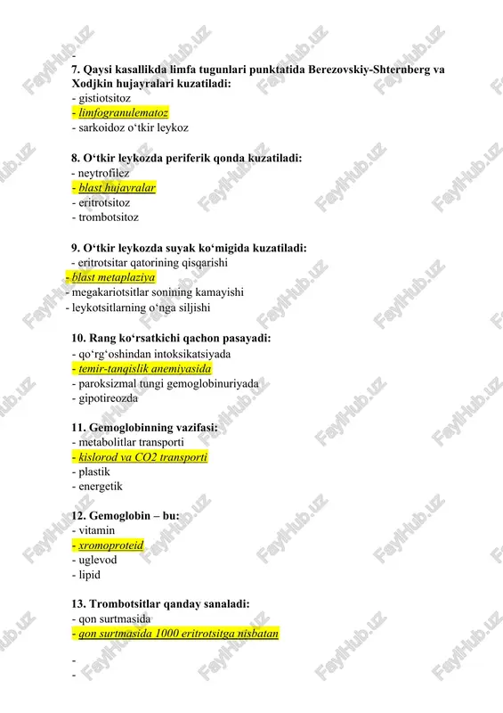 oshishi globulin fraksiyalarining oshishi qonda gaptoglobulin va alfa-2-makroglobulin miqdorining o‘zgarishi 16. o‘pka abssessida balg‘amda uchraydi: · elastik tolalar · ditrix probkasi · kurshman spirallari · sharko-leyden kristallari 17. bronxial astmada balg‘amda aniqlanadi: - gematoidin kristallari · sharko-leyden kristallari · fibrin · koralsimon tolalar 18. koralsimon tolalar balg‘amda aniqlanadi: - bronxial astmada · fibroz-kavernoz silda · o‘smalarda · krupoz pnevmoniyada 19. najas massalarining normal rangi nima hisobiga bo‘ladi: - uglevodli ovqat · sterkobilinogen · yog‘lar · oqsilli ovqat 20. bijg‘ish bilan kechuvchi kolitga xos emas: · bo‘tqasimon najas · shakllangan najas · mazsimon najas · suyuq najas 21. chirish bilan kechuvchi kolitda kuzatiladi: · mazsimon najas · suvsimon najas · ko‘piksimon najas · bo‘tqasimon najas 22. laboratoriyadan tashqari omillar tahlil natijalariga ta’sir qilishi mumkin, quyidagilardan tashqari: · bemorning jismoniy va hissiy stressi · sirkad ritmlar, iqlim ta’siri · tana holati · tana vazni 23. amiloreya qaysi kasalliklarda kuzatiladi: - dizenteriya - …