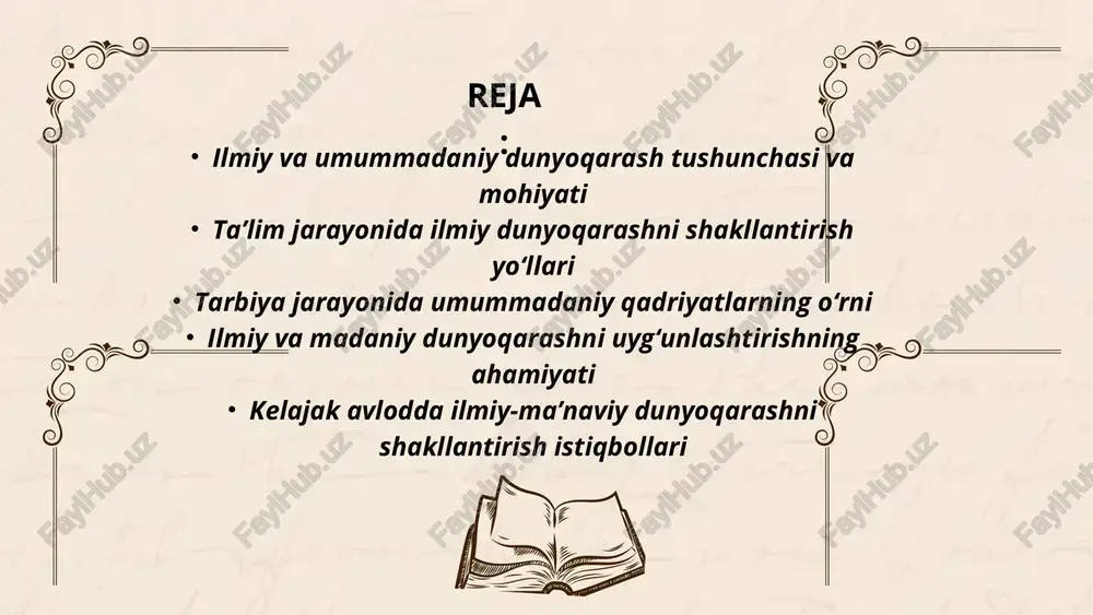 iya va geografiya tabiat qonunlarini tushuntiradi. ijtimoiy fanlar inson va jamiyatni ilmiy tahlil qilishga yordam beradi. amaliyot va tajriba ahamiyati tajribalar orqali nazariy bilimlar mustahkamlanadi. amaliy mashg‘ulotlar bilimni hayotiy vaziyatlarga bog‘laydi. bu usul yoshlarni yangilik yaratishga rag‘batlantiradi. axborot texnologiyalari ta’siri raqamli ta’lim manbalari ilmiy fikrlashni kengaytiradi. internet orqali global ilmiy axborotdan foydalaniladi. multimedia va simulyatsiyalar murakkab jarayonlarni osonlashtiradi. umummadaniy qadriyatlarning mazmuni umummadaniy qadriyatlar — insoniyatning tarixiy-madaniy merosi. ular jamiyatda odob, axloq, estetik didni shakllantira agenda 03 oila tarbiyasining ahamiyati oila birinchi madaniyat o‘chog‘i hisoblanadi. bolaning xulq-atvori, so‘zlashuvi va qadriyati oilada shakllanadi. ota-ona shaxsiy namunasi eng kuchli tarbiyaviy vositadir. maktabdagi madaniy tarbiya maktabda o‘quvchi milliy va umuminsoniy qadriyatlarga yo‘naltiriladi. sinfdan tashqari tadbirlar madaniy ongni rivojlantiradi. o‘qituvchi madaniyat namunasi bo‘lishi kerak. milliy qadriyatlarning o‘rni milliy an’analar yosh avlodda vatanparvarlikni uyg‘otadi. ular xalqning o‘ziga xos madaniy yuzini saqlaydi. milliy qadriyatlar orqali inson o‘z ildizini tanib oladi. umuminsoniy qadriyatlar adolat, tinchlik, hurmat va bag‘rikenglik …