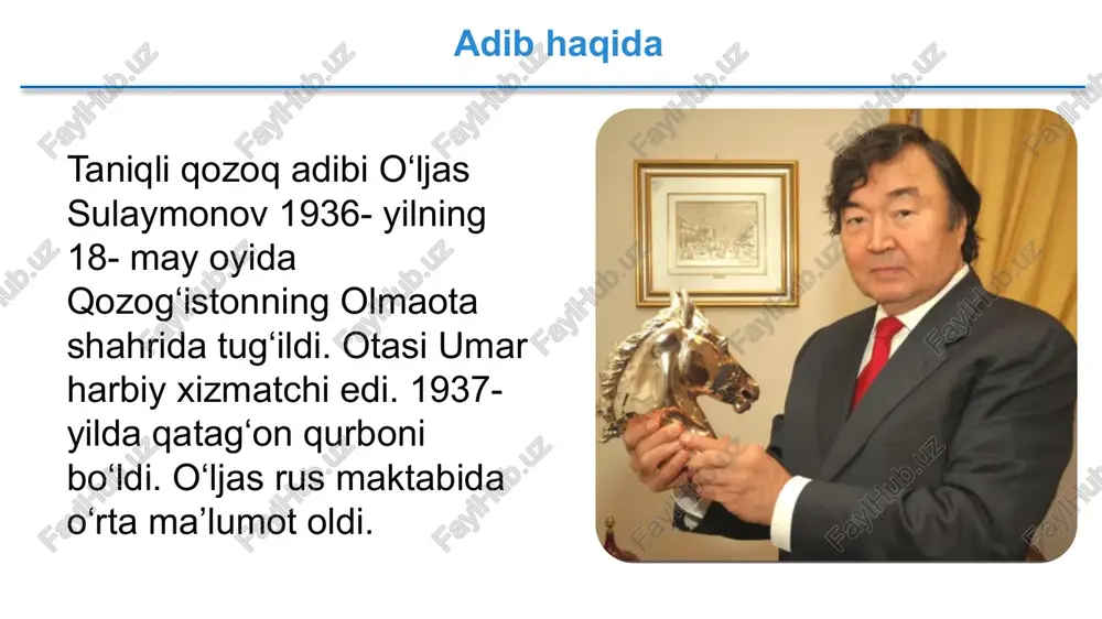 ” asarida, yevropaparastlar aytganlariday, turkiylar yovvoyi va madaniyatsiz qavm emas, balki dunyoning eng qadimiy madaniyatli millatlaridan ekanligini asosladi. o‘. sulaymonov “qoyilmisan insonga, zamin” deb ataluvchi dostoni bilan dunyoga mashhur bo‘ldi. iroda madhiyasi inson imkoniyatlari va irodasiga bitilgan madhiya bo‘lgan mazkur asarda koinotni zabt etib, dunyo tarixida yangi bosqichni boshlab bergan inson haqidagi mushohadalar g‘oyat ta’sirchan ifodalanadi. shoir qahramonlari shoir she’riyatidagi qahramonlar - g‘ururli, o‘z qadrini biladigan, ayni vaqtda, o‘zganing ham qadriga yetadigan shaxslar. ular fe’li keng, tanti, falsafiy mushohadalarga moyil, chapani va jo‘mard kishilar sifatida tasvirlangan. ularda turkiy qavmlarning tarixiy o‘tmishi ta’sirli lavhalarda o‘z aksini topgan. o‘ljas sulaymonov onasi bilan o‘ljas sulaymonov rafiqasi margarita bilan o‘ljas sulaymonov qizi madina bilan iskandar sulaymonov o‘ljas sulaymonovning nevarasi iskandar sulaymonov “ mening nevaram no‘noq haydovchining qurboni bo‘ldi…” mazkur fojia 2018-yilning 22-iyunida ostona shahrida sodir bo‘lgan. o‘zbek ijodkorlarining tarjimalari o’ljas sulaymonov oʻzbekistonga bir necha marta kelgan, oʻzbek shoirlari bilan ijodiy aloqada. ayrim asarlari oʻzbek …