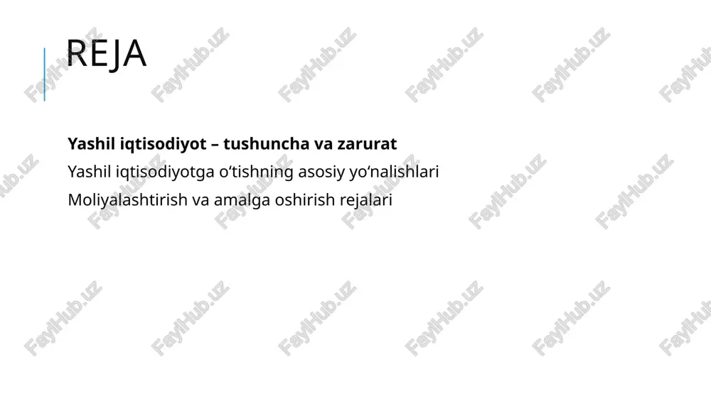 eya, xitoy, niderlandiya, daniya) yashil iqtisodiyotni o‘z milliy strategiyalariga kiritgan. bu davlatlar: quyosh va shamol energetikasini rivojlantirmoqda, karbon chiqindilarini kamaytirish siyosatini yuritmoqda, yashil texnologiyalarga investitsiyalarni oshirmoqda. yashil iqtisodiyot nafaqat ekologik muammolarga javob bo‘lib xizmat qiladi, balki uzoq muddatda iqtisodiy samaradorlik va ijtimoiy barqarorlikni ta’minlaydigan strategik yondashuvdir. u milliy darajada siyosat, moliyaviy tizim, ishlab chiqarish va iste’mol madaniyatini tubdan o‘zgartirishni talab qiladi. yashil iqtisodiyotga o‘tishning asosiy yo‘nalishlari an’anaviy energiya manbalari (ko‘mir, neft, gaz) ekologik jihatdan ifloslantiruvchi omillar hisoblanadi. shu sababli, yashil iqtisodiyotga o‘tishda energiya sektorini isloh qilish ustuvor yo‘nalish sanaladi. quyosh, shamol, geotermal va bioenergiya kabi manbalarni rivojlantirish energiya samaradorligini oshirish issiqxona gazlari chiqindilarini kamaytirish bo‘yicha texnologik innovatsiyalarni joriy etish 👉 masalan: germaniyada “energiewende” dasturi orqali 2045 yilgacha to‘liq qayta tiklanuvchi energiyaga o‘tish rejalashtirilgan. yashil iqtisodiyotga o‘tishning asosiy yo‘nalishlari transport sektori karbon chiqindilarining asosiy manbalaridan biri hisoblanadi. yashil iqtisodiyot doirasida transport tizimini ekologik xavfsiz holga keltirish muhim sanaladi. elektr transport vositalari …