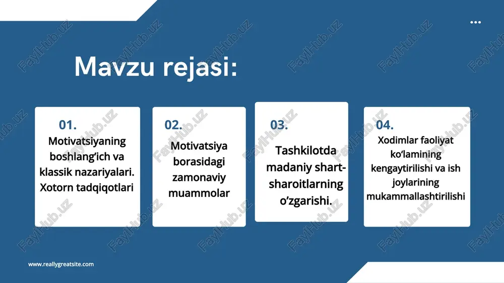 iologik ehtiyojlar ehtiyojlar 6-jadval ishdan qoniqish omillari”™ t/ | boisiy omillar (qoniqmaslik | t/ | motivatsiya (yugqori qoniqtirish r_| manbaalari) r_| manbaalari) 1 | korxona va ma‘muriyat siyosati 1__| yutuqlarga erishish 2 | mehnat sharoiti 2 |xizmat_ pillapoyalari —_ bo_yicha 3 | ish haqi 3 | ko_tarilish 4 | ishchilar bilan o_zaro munosabat | 4 | yugori mas‘uliyat 5 | mehnat xavfsizligi 5 | natijani tan olish va qo_llab- 6 |mehnat intizomini nazorat qilish quvvatlash darajasi tjodiy va xizmat doirasida o_sish unkoniyati motivatsianing protsessual nazariyalari:| kutish nazariyasi odillik nazariyasi poter-louer nazariyasi motivatsiya omili insonning motivatsiya - ehtiyojlar, kutishlari bo_ladi kutishlar va insonlar ° « tnsonlar mukofotning tomonidan. *mehnat harajatlari ovnatialar harajatga nisbatini huddi odil mukofot qanday eats shunday ish bajargan tushunilishi funksiyalarining natijalar - mukofot insonlarming mukofotlari bilan o_zgarishidir. *valentlik subyektiv ravishda solishtiriladi natija insonlar tomonidan (mukofotlaming ehtiyojlarga oz rollarini baholashga mosligi) bog liq. 19-rasm. protsessual nazarivalar®” ishchi kuchi keksayishi …
