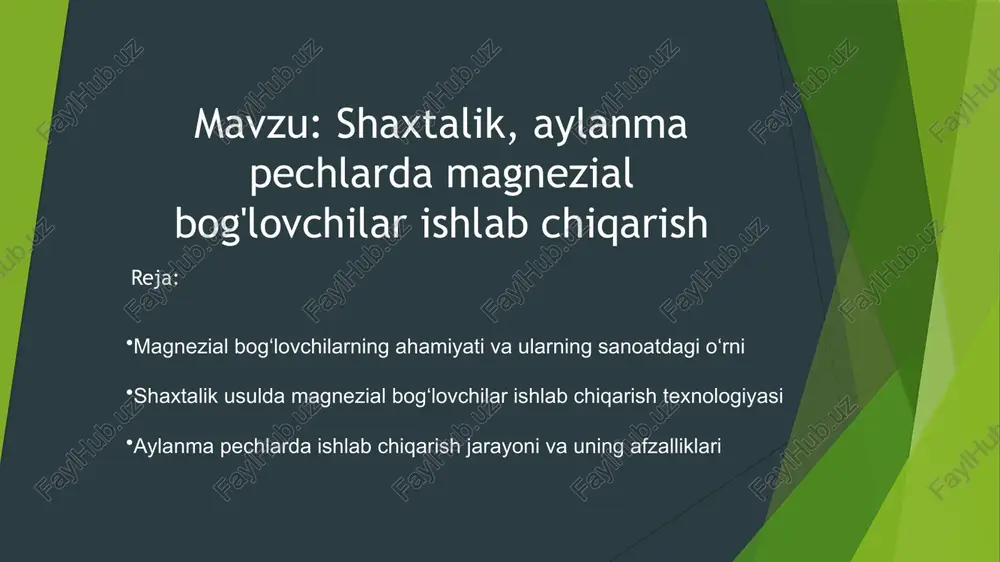 , elash, quritish; kuydirish: 800–1000°c haroratda uglerod yoqilg‘isi yordamida; sovitish va saqlash: tayyor magnezial mahsulotni sifatini saqlash uchun sovitiladi. shaxtalik usulning afzalliklari: energiya sarfi nisbatan kam, oddiy tuzilma, kichik korxonalar uchun qulay. kamchiligi esa — haroratni bir tekis taqsimlash qiyinligi sababli mahsulot sifatining o‘zgaruvchanligi. qizdirish zonasi pechning shunday qismidan boshlanadiki, unda gazlar temperaturasi 900° c ga yaqin boʻladi. bajariladigan ishning iqtisodi nuqtal nazaridan qaraganda bu zonaning balandligi katta ahamiyat kasb etadi, chunki unchalik yuqori bo’lmagan balandlikda chiqib ketadigan gazlar temperaturasi yuqori bo’ladi va natijada issiqlikdan to’liq foydalanishga erishilmaydi. shu sababli qizdirish zonasi balandligini h =3,75m ga teng deb qabul qilinadi. pishirish zonasi pechda asosiy ximik jarayonlar boradigan zona bo’lib hisoblanadi. bu zonaning boshi va oxiri, pishiriladigan materialning temperaturasi orqali aniqlanadi. uni boshlanish qismi shaxtani shunday balandligiga toʻgʻri keladi, pechga kiritilgan oxaktosh temperaturasi 850-900°c ga etadi. aylanma pechlar — bu gorizontal joylashgan, sekin aylanuvchi metall silindr bo‘lib, xomashyo uzluksiz ravishda kirib, …