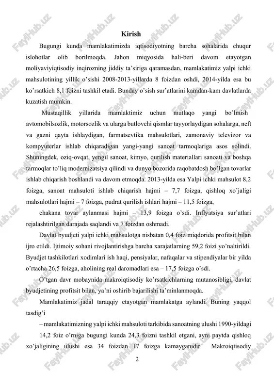 da makroiqtisodiy ko’rsatkichlarning mutanosibligi, davlat byudjetining profitsit bilan, ya’ni oshirib bajarilishi ta’minlanmoqda. mamlakatimiz jadal taraqqiy etayotgan mamlakatga aylandi. buning yaqqol tasdig’i – mamlakatimizning yalpi ichki mahsuloti tarkibida sanoatning ulushi 1990-yildagi 14,2 foiz o’rniga bugungi kunda 24,3 foizni tashkil etgani, ayni paytda qishloq xo’jaligining ulushi esa 34 foizdan 17 foizga kamayganidir. makroiqtisodiy ko’rsatkichlarning yuqori o’sish darajasini ta’minlashda sanoatning o’rni beqiyos. bu sektorga qarashli korxonalarning faoliyatining samarali bo’lishida ishlab chiqarish tuzilmasining muhim ahamiyati bor. korxona faoliyatining yakuniy natijasini belgilovchi muhim omillardan biri uning ishlab chiqarish strukturasini samarali tashkil etishdagina xo’jalik tizimi o’zida ishlab chiqarish vositalari va ishchilarini birlashtirgan yagona harakatlantiruvchi mehanizmga aylanadi. har bir korxona turli sex uchastka va xo’jaliklardan, boshqaruv organlari va korxona xodimlariga xizmat ko’rsatuvchi tashkilotlardan tashkil topadi. korxona mustaqil xo’jalik subyekti bo’lib, u iste’molchilar talabini qondirish va foyda olish maqsadida mahsulot ishlab chiqarish, xizmat ko’rsatish uchun amaldagi qonunlar asosida tashkil topadi. korxona o’zi mustaqil faoliyat yuritadi. ishlab chiqarilgan mahsulot …