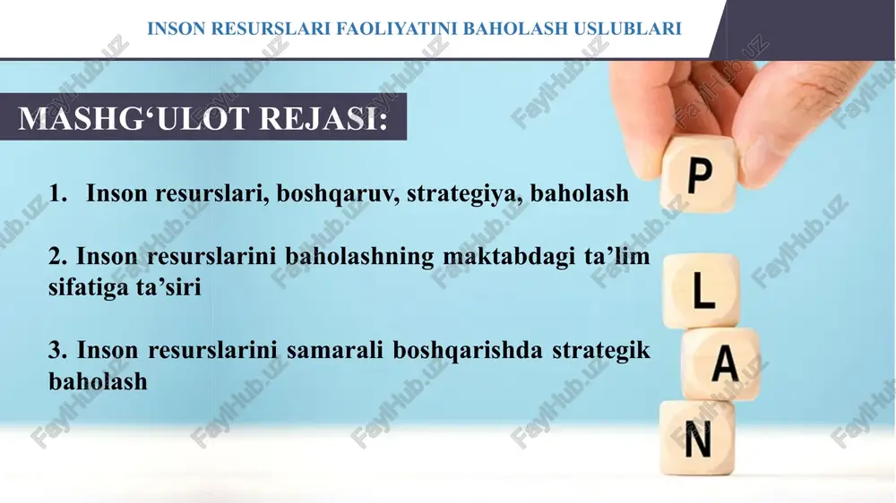 adrlar salohiyati inson resurslari bilan o‘zgarishlarni amalga oshirishning xorijiy tajribalari singapur davlati misolida karyeraning boshlang‘ich davri (1-3-yillar) karyeraning o‘rta bosqichi (4-20-yillar) karyeraning so‘nggi bosqichi (22+ yil) inson resurslarini baholashda xorijiy tajribalar danielson tizimi rejalashtirish va tayyorgalik ko‘rishi 01 ta’lim muhitini yaratishi 02 dars tashkil etishi 03 kasbiy ma’suliyatligi 04 qaysi jihatlar? nima maqsadda? qanday vosita (yoki shakllar) orqali? qachon o‘tkazamiz? kim tomonidan? pedagog kadrlar faoliyatini baholash inson resurslari faoliyatini baholash uslublari pedagog kadrlar faoliyatini baholash ta’lim-tarbiya jarayonini tashkil eta olishi kasbiy rivojlanish va hamkorlik olib borilishi tarbiya jarayonini tashkil etish baholash va qayta aloqa xavfsiz ta’lim jarayonini tashkil etish o‘z ustida ishlashi va kasbiy rivojlanishi ota-onalar va hamkasblar bilan muloqot o‘quv jarayonini rejalashtirish samarali ta’limni tashkil etishi an'anaviy baholash usullari standartlashtirilgan testlar o'quvchilarning bilim darajasini o'lchashning keng tarqalgan usuli. ammo, bu usul o'quvchilarning barcha ko'nikmalarini aks ettirmaydi va ta'lim jarayonining barcha jihatlarini qamrab olmaydi. sinf mashg'ulotlarini kuzatish o'qituvchining dars berish …