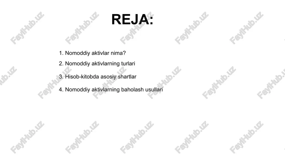 q tushunilishi lozim. bu, to'g'ri moliyaviy holatni ta'minlaydi. shuningdek, aktivlarning amortizasiyasi va qimmatlashuvi davriy ravishda nazorat qilinadi. bu faoliyatlarning samaradorligini oshirishda muhim ahamiyatga ega. 01 03 02 nomoddiy aktivlarning baholash usullari budjet tashkilotlarida nomoddiy aktivlar hisobi muhim ahamiyatga ega. ularning baholash usullari aktivlarning qiymatini aniqlashda yordam beradi. nomoddiy aktivlarning bahosi uchun ikki asosiy yondashuv mavjud: ostiv va amortizatsiya usullari. bu usullar aktivlarning qiymatini to‘g‘ri aniqlash imkonini beradi. to‘g‘ri hisobot va baholash metodlari tashkilotlarning moliyaviyingiz ishonchliligini oshiradi hamda resurslarni optimal boshqarishga yordam beradi. 01 03 02 nomoddiy aktivlarni hisobga olish qoidalari budjet tashkilotlarida nomoddiy aktivlar hisobi muhim bo‘lib, ular aktivlarning qiymatini va foydalanish muddatini aniqlash uchun qoidalar belgilanadi. nomoddiy aktivlarni hisobga olish jarayoni standartlashtirilgan bo‘lib, ular xarajatlar va daromadlarni to‘g‘ri taqsimlash uchun muhim ahamiyat kasb etadi. hisobga olish qoidalariga rioya qilish, nomoddiy aktivlarning muammo va risklarini aniqlashda yordam beradi va tashkilotni moliyaviy barqarorligini ta'minlaydi. 02 01 03 nomoddiy aktivlarni amortizatsiya qilish …
