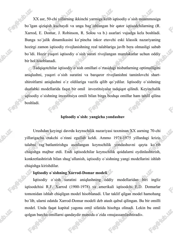 a omillarni qandaydir ma�noda o`zida «mujassamlashtiradi». mazkur model mualliflari mehnat unumdorligi (mehnatni tejash) oshganda kapital sig`imi koeffitsienti, ya�ni kapitalning ishlab chiqarilayotgan mahsulotga bo`lgan nisbati unchalik o`zgarmasligini asos qilib oladilar. bunday sharoitda kapitalning mehnatga bo`lgan nisbati ham, yaratilgan mahsulotning mehnat sarflariga bo`lgan nisbati ham oshadi. umuman olganda «kapital � ishlab chiqirish» koeffitsienti o`zgarmasdan qoladi. texnik taraqqiyot kapitalga ikki yoqlama ta�sir ko`rsatadi: ixtirolar kapitalni tejashga yoki uni ko`paytirishga olib kelishi mumkin, ya�ni ishlab chiqarilayotgan mahsulot birligining kapitalni ko`p yoki kam talab qilishga qarab. masalan, amerikada qarshi ta�sir ko`rsatuvchi omillarning tenglashuvi natijasida kapital sig`imi koeffitsienti barqarorligi uzoq vaqt saqlanib qolingan. xarrod-domar modeli ba�zi bir taxminlarga asoslanadi. masalan, ishlab chiqarish barcha omillar ta�sirida bo`ladi deb faraz qilinadi. talab va taklif tengligi saqlanadi, talabning o`sishi taklifning o`sishiga teng deb qaraladi. keynschilik nazariyasiga muvofiq investitsiyalar ikki hil rol o`ynaydi: ular kapital jamg`arish vositasi sifatida bo`ladi va yalpi talab elementlaridan biri hisoblanadi. investitsiyalar o`zgaruvchan bo`lib, ularning yordamida …