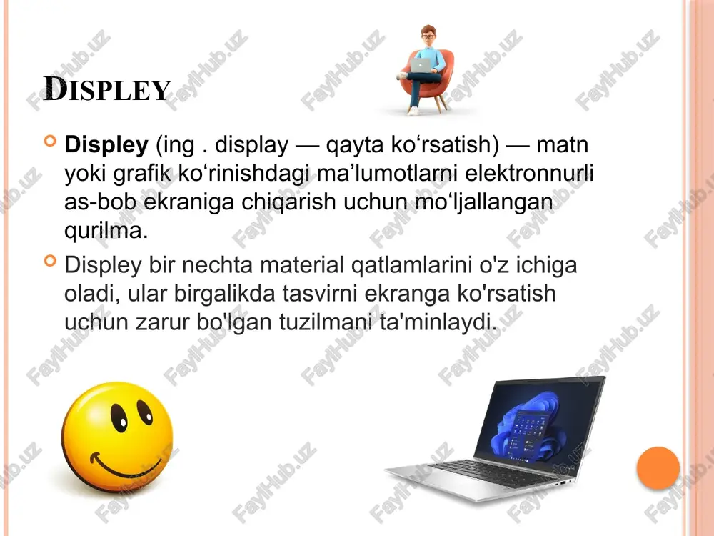 panelli displeyning bir turi bo'lib, u crtga qaraganda ancha nozik va engilroq. tasvirni yaratish uchun lcd displey ikki polarizatsiya oynasi orasiga joylashtirilgan suyuq kristalldan foydalanadi va orqa yorug'lik oynani yoritadi. lcd displeylar yorug'likni yaratish emas, balki uni blokirovka qilish orqali ishlaydi. suyuq kristallar qutblangan yorug'likni aylantirganda, displey piksellari elektron tarzda yoqiladi yoki o'chiriladi. lcd displeylar odatda 3 ta panel turida mavjud: o'ralgan nematik (tn) tekislikda o'tish ( ips ) vertikal tekislangan (va) yorug'lik chiqaradigan diod ( led ). led texnologiyasi odatda asl lcd-dan kichikroq va engilroq. ledning yangi turi organik led ( oled ) bo'lib, u yarimo'tkazgich materiali sifatida organik polimerdan foydalanadi. yorug'lik chiqaradigan diod ( led ). va ledning eng yangi turi bu kvant nuqtali led ( qled ) bo'lib, u rang va yorqinlikni yaxshilash uchun nanozarrachalar qatlamini o'z ichiga oladi. displeyda tasvirlar qanday ko'rsatiladi? displeyda tasvirni ko'rsatish uchun kompyuterning markaziy protsessor birligi ( cpu ) tasvir ma'lumotlarini grafik …