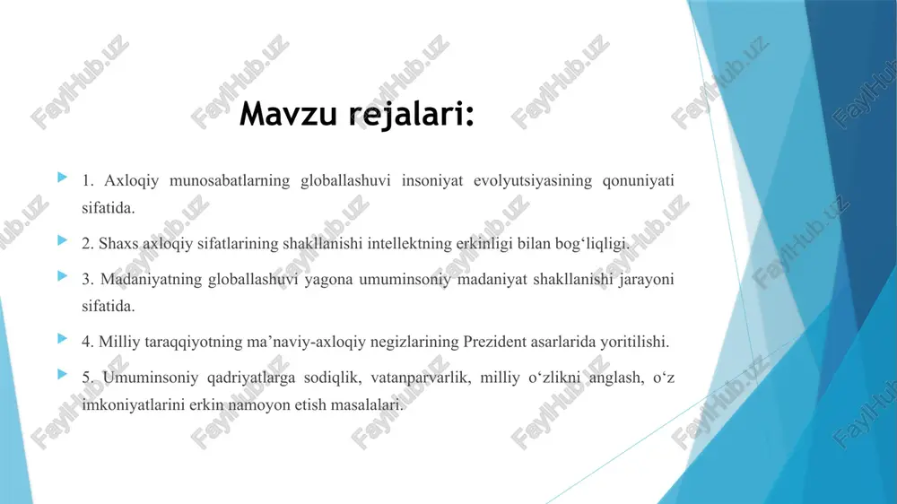 ing yo‘qolishi: globallashuv ba’zan mahalliy an’analar va madaniy qadriyatlarning yo‘qolishiga olib keladi. g‘arbiylashuv xavfi: global axloqiy qadriyatlar asosan g‘arb davlatlari tomonidan shakllangan bo‘lib, bu turli madaniyatlar o‘rtasida nomutanosiblikka olib kelishi mumkin. axloqiy munosabatlarning globallashuvida zamonaviy texnologiyalar, ayniqsa, internet va ommaviy axborot vositalari muhim o‘rin tutadi. bu vositalar tufayli ma'lumotlar dunyo bo‘ylab tez va keng tarqaladi, turli madaniyatlar va xalqlar o‘rtasida fikr almashinuvi kuchayadi. misol uchun, inson huquqlari, ijtimoiy adolat, jinsiy tenglik, va ekologiya mavzularidagi global axloqiy tushunchalar ko‘pincha ijtimoiy tarmoqlar orqali dunyo bo‘ylab tarqatiladi. bu, o‘z navbatida, dunyodagi turli xalqlarning bir xil axloqiy tushunchalar asosida birlashishiga sabab bo‘ladi. globallashuv salbiy jihatlari globallashuv jarayonida ayrim axloqiy qadriyatlarning yo‘qolishi yoki ularning boshqa qadriyatlar bilan o‘rnini almashtirish holatlari ham mavjud. masalan, ayrim jamiyatlarda diniy va madaniy qadriyatlar yangi global axloqiy me'yorlar bilan to‘qnash kelsa, bu aholi orasida ijtimoiy inqirozlar yoki o‘ziga xos konfliktlarga olib kelishi mumkin. shu bilan birga, globallashuv natijasida yangi axloqiy …