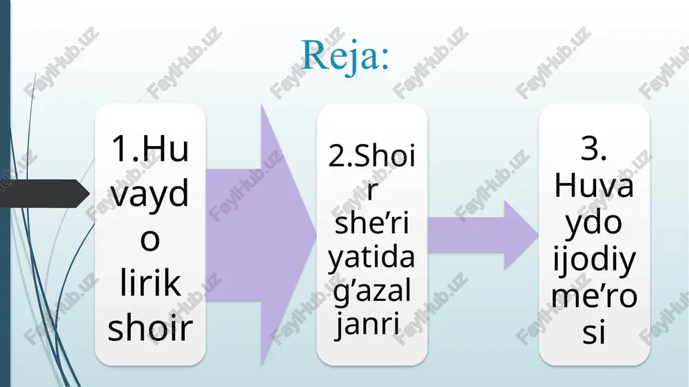rik asar shoirning falsafiy dunyoqarashiga mos ravishda yaratilgan. huvaydo oʻz lirikasida asosan ishq, haqiqiy inson muhabbati maqomida turadi. shoir g’azallariga nazar huvaydo g’azalidagi barcha kechinmalar, falsafiy fikrlar ana shu lirik qahramon qalbi va tafakkuridan oqib keladi. masalan, shoir “uy” soʻzi orqali inson koʻnglini tasvirlagan “bir buzuq vayronadur, ul uydakim yor oʻlmasa, yor ila obod erur ul uyda agʻyor ulmasa (agar inson koʻnglida ishq boʻlmasa, u koʻngil uyi vayron boʻlgan kabidir, agar bu koʻngilda agʻyor, yaʼni nafs boʻlmasa, bu koʻngil yor ishqi bilan oboddir, deydi) bu misralarda “vayron” va “obod” soʻzlari-tazod, “uy” soʻzi-istiora sanʼatini yuzaga keltirgan. huvaydo ishq lirikasining asosiy obrazlari oshiq va maʼshuqadir. shoir gʻazallarida oshiqning nolasi, maʼshuqaning beparvoligi kabi voqealarni tasvirlaydi: gʻamza oʻqi bila oting man bas oʻlay oʻshal zamon, kunda mani yuz oʻldurub, muncha azobingiz nima (noz bilan qarashing meni oʻldirdi, har kuni meni yuz marta oʻldirishing, bu nimasi?) bu misralarda oshiqning maʼshuqaga savol bilan yuzlanishi-tajohuli orifona sanʼatini …