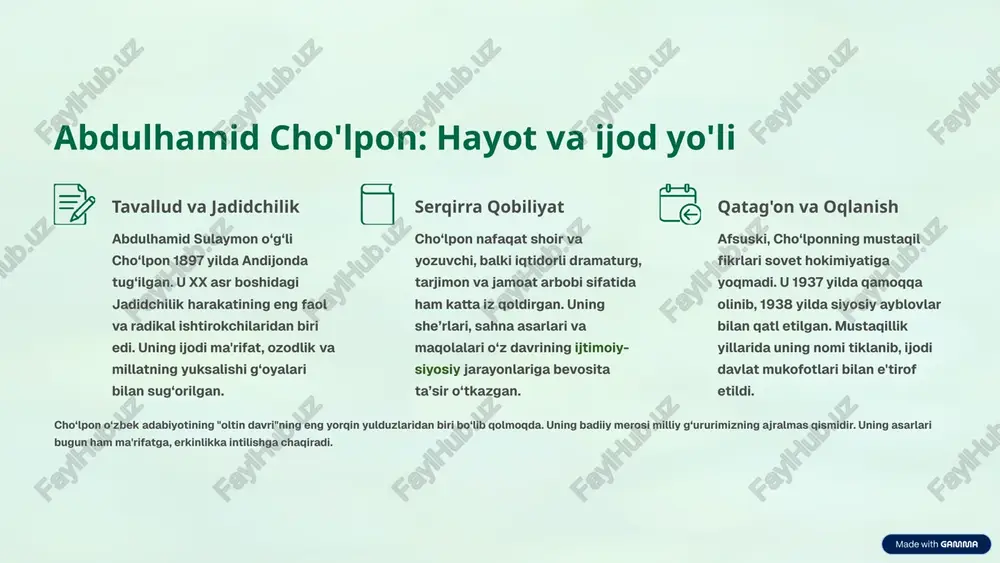 nduz"dan iborat bo‘lishi rejalashtirilgan edi. birinchi qism — "kecha" 1933–1934 yillarda yozilgan va 1936 yilda to‘liq nashr etilgan. bu qismda o‘zbekistonning mustamlakachilik davri, xalqning og‘ir hayoti va jamiyatning chuqur ziddiyatlari tasvirlanadi. voqealar zanjiri bahor faslidan boshlanib, qishga qadar davom etadi, bu esa ramziy ma’noga ega. romanning epigrafi: "hamal keldi — amal keldi." bu cho‘lponning jamiyatdagi katta o‘zgarishlar, yangi davrning boshlanishi haqidagi umidlarini ifodalaydi. asar xx asr boshidagi ijtimoiy-siyosiy sharoitlarni realistik tarzda aks ettiradi. romanning "kecha" qismi zulmat, ma’rifatsizlik va eski tuzum qiyinchiliklarini anglatadi. "kunduz" esa yorug‘lik, ozodlik va milliy uyg‘onish davrini ifodalashi kerak edi. 3 romanning mavzusi va asosiy g‘oyalari: milliy uyg‘onish ruhlari tub o‘zgarishlar va ozodlik asarning markaziy mavzusi mustamlakachilik va feodal qoldiqlari hukmronlik qilgan tuzumni tubdan o‘zgartirish zaruriyatidir. cho‘lpon bu orqali milliy uyg‘onish, mustaqillik va erkinlik g‘oyalarini ilgari suradi. ayollar hayotidagi ziddiyatlar roman jamiyatdagi keskin ziddiyatlarni, xususan, ayollarning huquqsizligi, qullik va zo‘ravonlikka qarshi kurashini jonli tasvirlaydi. zebi obrazi …
