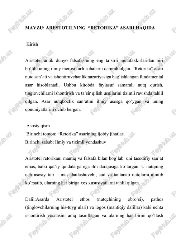 n: “retorika” asarining kamchiliklari va tanqidiy tomonlari birinchi sabab: manipulyatsiya xavfi aristotelning retorikalik vositalari ba’zan haqiqatni emas, balki ishontirishni maqsad qilishi mumkin. nutqchi mantiqiy xatolarga yo’l qo’yib yoki tinglovchilarning hissiyotlarini noo’rin ishlatib, noto’g’ri qarorlar qabul qilishga olib kelishi mumkin. dalil: tarix davomida ko’plab diktatorlar va soxta rahbarlar xalqni aldash uchun aynan retorik san’atidan foydalanganlar. aristotelning o’zi ham asarida sofistlarning haqiqatni burishtirish usullarini tanqid qilgan bo’lsa-da, uning o’rgatgan texnikalari yomon niyatli odamlar qo’lida xavfli qurolga aylanishi mumkin. ikkinchi sabab: zamonaviy kommunikatsiya sharoitlariga cheklangan moslashuvi aristotel o’z davrida asosan og’zaki nutq va jonli auditoriya bilan muloqotga e’tibor qaratgan. bugungi kunda ommaviy axborot vositalari, internet va ijtimoiy tarmoqlar orqali kommunikatsiya asosiy o’ringa chiqgan. dalil: aristotelning modeli yozma matn, video kontent yoki raqamli platformalar orqali ta’sir qilish xususiyatlarini to’liq qamrab olmaydi. zamonaviy auditoriya bilan ishlashda vizual elementlar, montaj, viral kontentning psixologiyasi kabi yangi omillarni hisobga olish zarur. shaxsiy fikr barcha tahlillarni o’rganib chiqqach, men …
