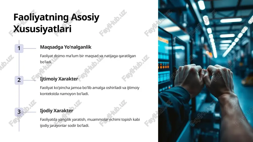 shuning uchun buni yaxshilash muhim. 5 faoliyatdagi motivatsiya, ehtiyoj va qiziqishlar ehtiyojlar faoliyat ehtiyojlar asosida paydo bo'ladi va ularni qondirish maqsadida amalga oshiriladi. qiziqishlar insonning qiziqishlari uning faoliyatini yo'naltirib, u uchun qiziqarli bo'lgan sohalarga jalb etadi. motivatsiya faoliyatni amalga oshirishga undovchi ichki va tashqi omillar motivatsiya deb ataladi. 6 faoliyatdagi bilish jarayonlari idrok atrofdagi voqea-hodisalarni his etish va ularning mohiyatini tushunish jarayoni. fikrlash muammolarni tahlil qilish va ularning yechimini topish jarayoni. diqqat insonning faoliyatda e'tiborini ma'lum bitta obyektga qaratishi. xotira oldin olingan ma'lumotlarni qayta tiklash va ishlata olish qobiliyati. 7 faoliyatni samarali tashkil etish maqsad qo'yish aniq, o'lchanadigam va realistik maqsadlar qo'yish. rejalashtirish faoliyatni bosqichma-bosqich rejalashtirib borish. monitoring rejalastirilgan ishlar bajarilishini doimo nazorat qilib borish. takomillashtirish natijalarni tahlil qilib, faoliyatni doimo yaxshilash. 8 image-1002-1.png image-1-1.png image-1003-1.png image-2-1.png image-1004-1.png image-1005-1.png image-4-1.png image-1006-1.png image-5-1.png image-1007-1.png image-6-1.png image-6-2.png image-6-3.png image-6-4.png image-1008-1.png image-7-1.png image-7-2.png image-7-3.png image-7-4.png image-7-5.png image-1009-1.png image-8-1.png image-8-2.png image-8-3.png image-8-4.png image-8-5.png @ …