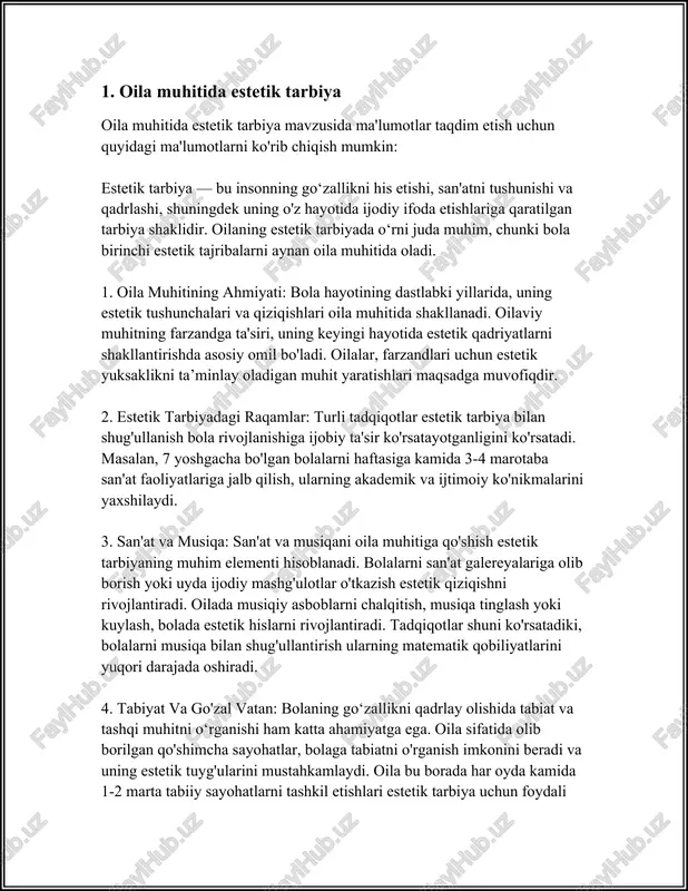 ida 1-2 marta tabiiy sayohatlarni tashkil etishlari estetik tarbiya uchun foydali bo‘lishi mumkin. 5. uy yashash muhiti: uy ichidagi dekoratsiya va estetik inshootlar ham bolaga estetik ta'sir ko'rsatadi. bolaning estetik didini shakllantirish maqsadida uy ichida san'at asarlari, go'yoki devoriy suratlar, o'ziga hos ornamenti bo'lgan buyumlar yoki rassomchilikka oid kitoblar bo'lishi muhimdir. 6. kitoblar va ma'rifiy resurslar: bolalarda estetik qiziqishni oshirish uchun kitoblar va boshqa ma'rifiy resurslardan foydalanish ham muhimdir. ayniqsa, rang-barang surat li kitoblar, ertaklar va hikoyalar bolada kognitiv va estetik qiziqishni uyg‘otadi. har kun kamida 20-30 daqiqa davomida oila a'zolari birgalikda kitob o'qishlari estetik rivojlanishni qo'llab-quvvatlaydi. 7. amaliy mashg'ulotlar: amaliy san'at va hunarmandchilik faoliyatlari ham estetik tarbiyaning ajralmas qismi hisoblanadi. oilada qo'l san'ati mashg'ulotlariga e'tibor qaratish (masalan, rassomlik qilish, loydan yasalgan buyumlar ishlab chiqarish) bolada ijodkorlik va estetik ko'nikmalarni rivojlantiradi. estetik tarbiya bola madaniyati va dunyoqarashini kengaytiradi, hayotdagi go'zallikni qadrlash va asrash chaqirig'ini uyg'otadi. shuning uchun, oilada estetik tarbiyaga …