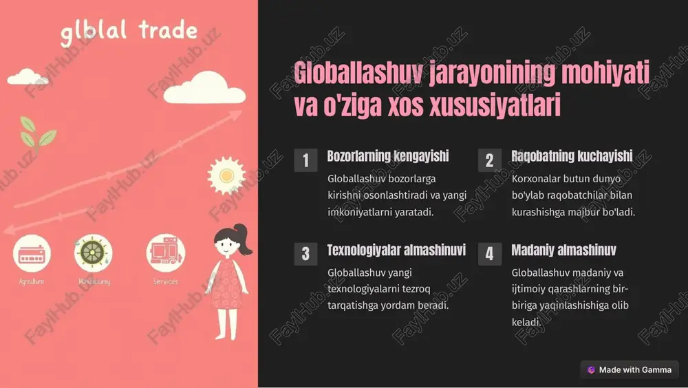 iyotining raqobatbardoshligini oshirish yo'llari 1 innovatsion rivojlanish ilmiy-texnik salohiyatni rivojlantirish va yangi texnologiyalarni joriy etish. 2 inson kapitali ta'lim va malaka oshirish tizimlarini takomillashtirish, ishchi kuchining sifatini oshirish. 3 iqtisodiyotni diversifikatsiya qilish turli tarmoqlarni rivojlantirish, eksport qilinadigan mahsulotlar va xizmatlar doirasini kengaytirish. https://gamma.app/?utm_source=made-with-gamma