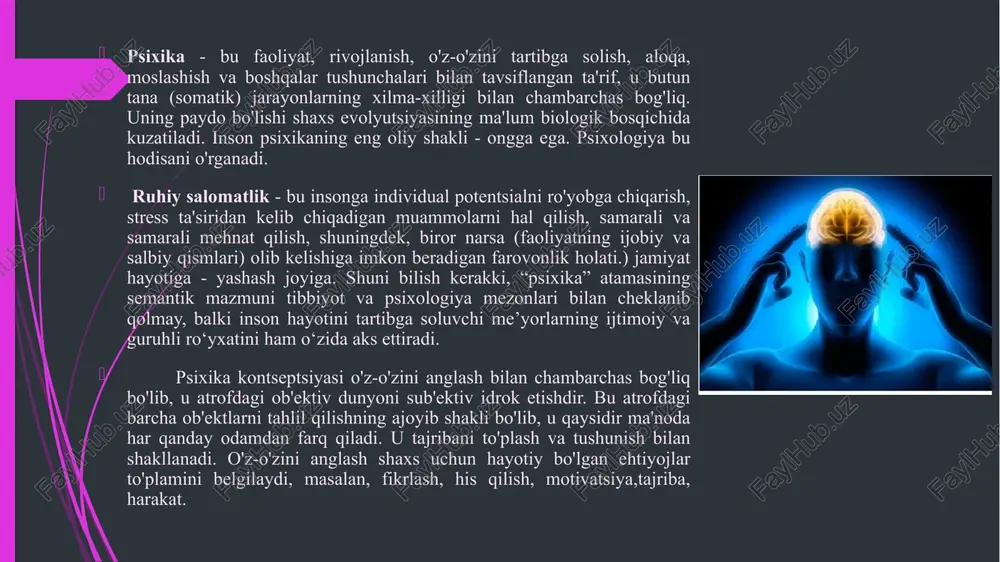 chunki u hayvonga unga salbiy ta'sir ko'rsatadigan har qanday omillardan qochish imkonini beruvchi moslashuvchan qiymatga ega. bu xususiyat bir hujayrali va ko'p hujayrali tirik organizmlarga xosdir, ammo ikkinchisida xatti-harakatlar asab tizimi tomonidan tartibga solinadi.insonning xatti-harakatlarini bevosita kuzatish va tahlil qilish mumkin. hozirda bu bilan ko'plab fanlar shug'ullanadi, masalan: psixologiya, etologiya, hayvonlar psixologiyasi va boshqalar. psixika bilan bunday operatsiyalarni bajarish ancha qiyinroq. psixikaga tegishli yana bir muhim tushuncha bu "ruh" atamasi.ruh insonning turli xil xususiyatlarini bildiradi. masalan, diniy va falsafiy taxminlar uni o'lmas substansiya yoki deb belgilaydiilohiy tabiatni ifodalovchi, keng ma'noda hayot uchun yangi boshlanishlarni beruvchi nomoddiy mohiyat. ruh tafakkur, ong, his-tuyg'ular, iroda, his qilish qobiliyati va hatto hayotning o'zi kabi tushunchalar bilan chambarchas bog'liq. ruhning yanada oqilona va ob'ektiv tavsifi uni shaxsning ichki, ruhiy dunyosining o'ziga xos xususiyatlari va xususiyatlari to'plami sifatida belgilaydi. psixikaning xossalari - u bajaradigan maxsus funktsiyalar. ular orasida bir nechta asosiylari bor: reflektsiya asosiy aqliy xususiyat …