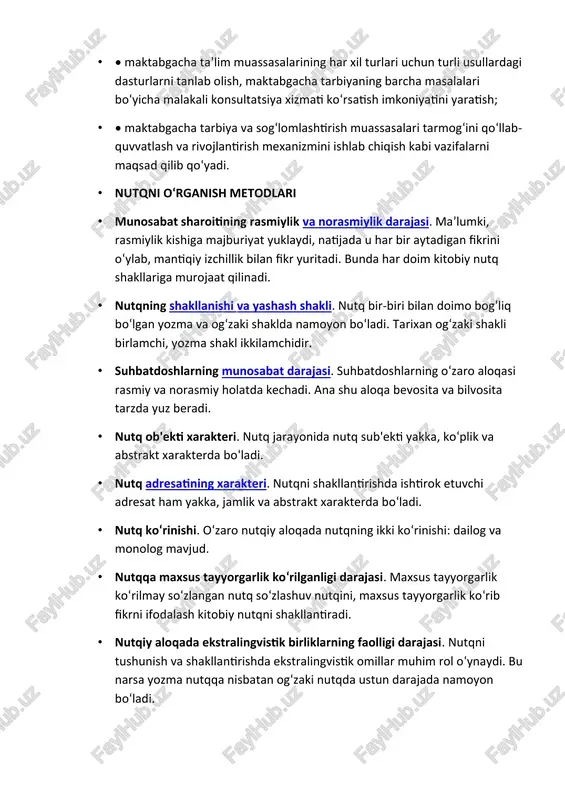 larining har xil turlari uchun turli usullardagi dasturlarni tanlab olish, maktabgacha tarbiyaning barcha masalalari bo‘yicha malakali konsultatsiya xizmati ko‘rsatish imkoniyatini yaratish; · • maktabgacha tarbiya va sog‘lomlashtirish muassasalari tarmog‘ini qo‘llab-quvvatlash va rivojlantirish mexanizmini ishlab chiqish kabi vazifalarni maqsad qilib qo‘yadi. · nutqni o‘rganish metodlari · munosabat sharoitining rasmiylik va norasmiylik darajasi. ma’lumki, rasmiylik kishiga majburiyat yuklaydi, natijada u har bir aytadigan fikrini o‘ylab, mantiqiy izchillik bilan fikr yuritadi. bunda har doim kitobiy nutq shakllariga murojaat qilinadi. · nutqning shakllanishi va yashash shakli. nutq bir-biri bilan doimo bog‘liq bo‘lgan yozma va og‘zaki shaklda namoyon bo‘ladi. tarixan og‘zaki shakli birlamchi, yozma shakl ikkilamchidir. · suhbatdoshlarning munosabat darajasi. suhbatdoshlarning o‘zaro aloqasi rasmiy va norasmiy holatda kechadi. ana shu aloqa bevosita va bilvosita tarzda yuz beradi. · nutq ob'ekti xarakteri. nutq jarayonida nutq sub'ekti yakka, ko‘plik va abstrakt xarakterda bo‘ladi. · nutq adresatining xarakteri. nutqni shakllantirishda ishtirok etuvchi adresat ham yakka, jamlik va abstrakt …