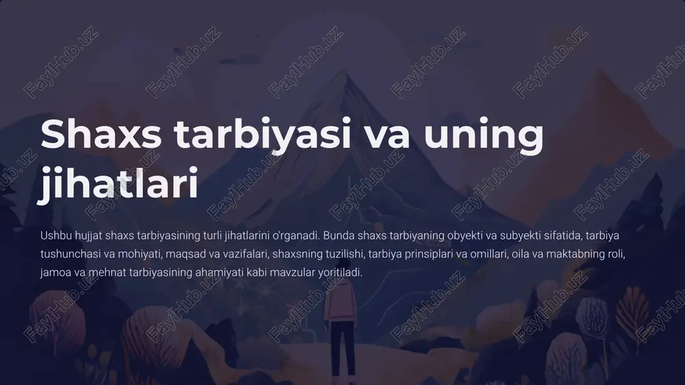 ma'naviy, axloqiy, jismoniy va aqliy jihatdan yetuk bo'lishini ta'minlashdir. 2 ijtimoiy moslashuvni ta'minlash shaxsning jamiyatda o'z o'rnini topishi, ijtimoiy munosabatlarga kirishishi va faol fuqaro bo'lishiga ko'maklashish. 3 milliy va umuminsoniy qadriyatlarni singdirish shaxsda vatanparvarlik, insonparvarlik, mehnatsevarlik kabi fazilatlarni shakllantirish. 4 shaxsning o'zini anglashiga yordam berish insonning o'z qobiliyatlari va imkoniyatlarini to'g'ri baholashi, o'z-o'zini rivojlantirish ko'nikmalarini shakllantirish. 5 shaxsning tarkibiy tuzilishi shaxsning tarkibiy tuzilishi murakkab va ko'p qirrali bo'lib, uning turli jihatlari o'zaro bog'liq va bir-birini to'ldiradi. bu tuzilish quyidagi asosiy komponentlarni o'z ichiga oladi: biologik asoslar genetik xususiyatlar, jismoniy tuzilish va fiziologik jarayonlar. psixologik xususiyatlar temperament, xarakter, qobiliyatlar, ehtiyojlar va motivlar. ijtimoiy jihatlar qadriyatlar, e'tiqodlar, ijtimoiy rollar va munosabatlar. bu komponentlar o'zaro ta'sir qilib, shaxsning yaxlit tizimini hosil qiladi va uning rivojlanishiga ta'sir ko'rsatadi. 6 shaxs tarbiyasining prinsiplari shaxs tarbiyasining samaradorligi ma'lum prinsiplarga asoslanadi. bu prinsiplar tarbiya jarayonini to'g'ri tashkil etish va uning maqsadlariga erishish uchun muhim ahamiyatga ega. 1 …