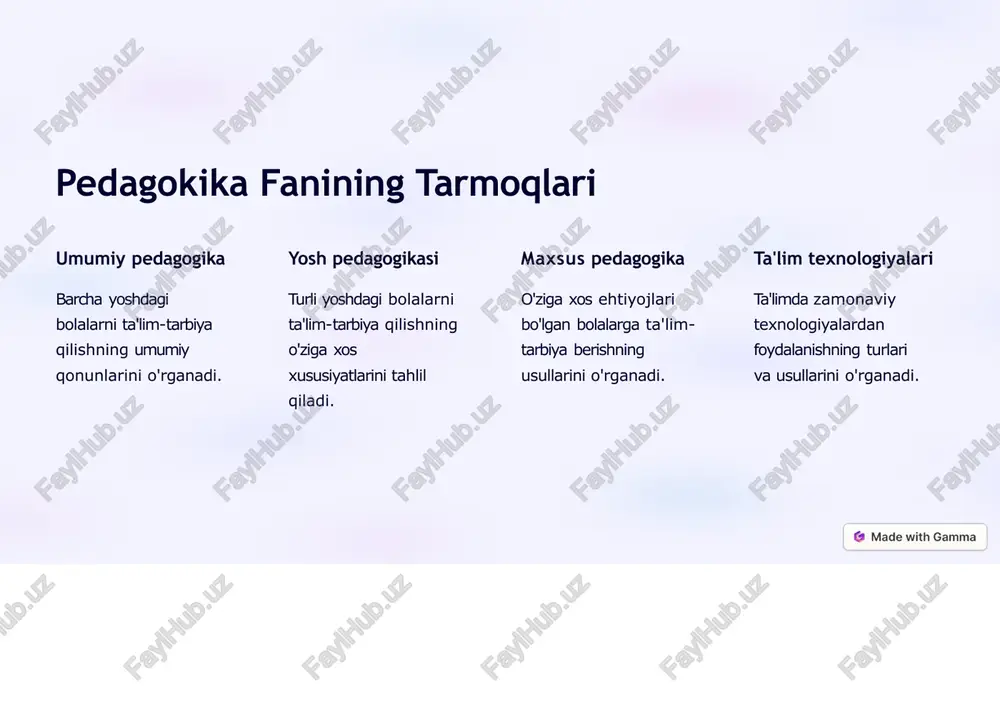 oqiy va estetik qadriyatlarni singdirishga yordam beradi. ta'lim tizimini takomillashtirish ta'lim muassasalari ishini takomillashtirish, samarali ta'lim-tarbiya tizimini yaratishga yordam beradi. umumiy madaniy va professional-pedagogik madaniyat 1 umumiy madaniyat umumiy bilim, axloq va madaniyat asoslari. 2 pedagogik bilim pedagogika fanining asosiy printsiplari va usullari. 3 kasbiy ko'nikmalar o'qitish va tarbiyalashning amaliy ko'nikmalari. 4 shaxsiy xususiyatlar o'qituvchiga xos bo'lgan sifatlar. 5 professional-pedagogik madaniyat o'qituvchining kasbiy mahorati va shaxsiy sifatlari. pedagog shaxsining shakllantirish muammolari 1 shaxsiy xususiyatlar o'qituvchida o'ziga xos bo'lgan sifatlarni rivojlantirish. 2 kasbiy mahorat o'qituvchining o'qitish va tarbiyalash bo'yicha mahoratini oshirish. 3 ta'lim texnologiyalari zamonaviy ta'lim texnologiyalari bilan ishlash ko'nikmalarini o'rganish. 4 o'qituvchilarni tayyorlash pedagog kadrlarni tayyorlash va qayta tayyorlashning samaradorligini oshirish. ta'lim tizimlarining tarixiy rivojlanishi 1 qadimgi davr oilaviy va ibtidoiy jamiyat ta'limi. 2 o'rta asrlar diniy ta'lim va maktablarning rivojlanishi. 3 uyg'onish davri insonparvarlik g'oyalari va yangi ta'lim tizimlarining shakllanishi. 4 zamonaviy davr ilmiy pedagogikaning rivojlanishi va ta'lim tizimlarining …
