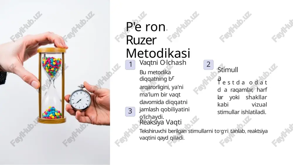 raqamni bir vaqtning o'zida topish qobiliyatini baholash. metodikaning qo'llanish mexanizmi 1 birinchi qadam tekshiruvchi odamga shult jadvalini taqdim qiladi. 2 ikkinchi qadam odam jadvaldagi raqamlarni yoki harf larni ketma- ket topishga harakat qiladi. 3 uchinchi qadam tekshiruvchi odamning har bir raqamni yoki harfni topish uchun qancha vaqt sarf laganini qayd qiladi. diqqatni diagnostika qilishda shult jadvalining oʻrni diqqatni o'lchash shult jadvali turli xil diqqat ko'rsatkichlarini baholash uchun qo'llaniladi. natijalarni tahlil qilish natijalar odamning diqqat tezligi, harakatchanligi va tarqalish darajasini ko'rsatadi. xulosa va tavsiyalar p'eron-ruzer metodikasi va shult jadvali diqqatni diagnostika qilish uchun foydali vositalardir. bu testlar yordamida odamning diqqat miqdori, barqarorligi va tarqalishini baholash mumkin. natijalarni tahlil qilish orqali diqqatni rivojlantirish bo'yicha individual yondashuvni tanlash mumkin. image1.jpg image2.jpg image3.jpg image4.jpg image5.jpg image6.png image7.png image8.jpg image9.jpg image10.png image11.png image12.jpg image13.png bbbebeerene e cee a n =(s|#/2/a/8[2/3/a/e table 13 otter